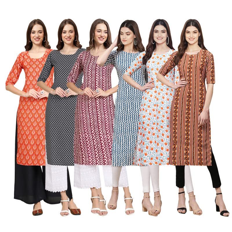 Pinkmint Women's Crepe Digital Print Straight Kurta [Pack Of 6](Qv-354-349-347-331-334-344-Xxl)