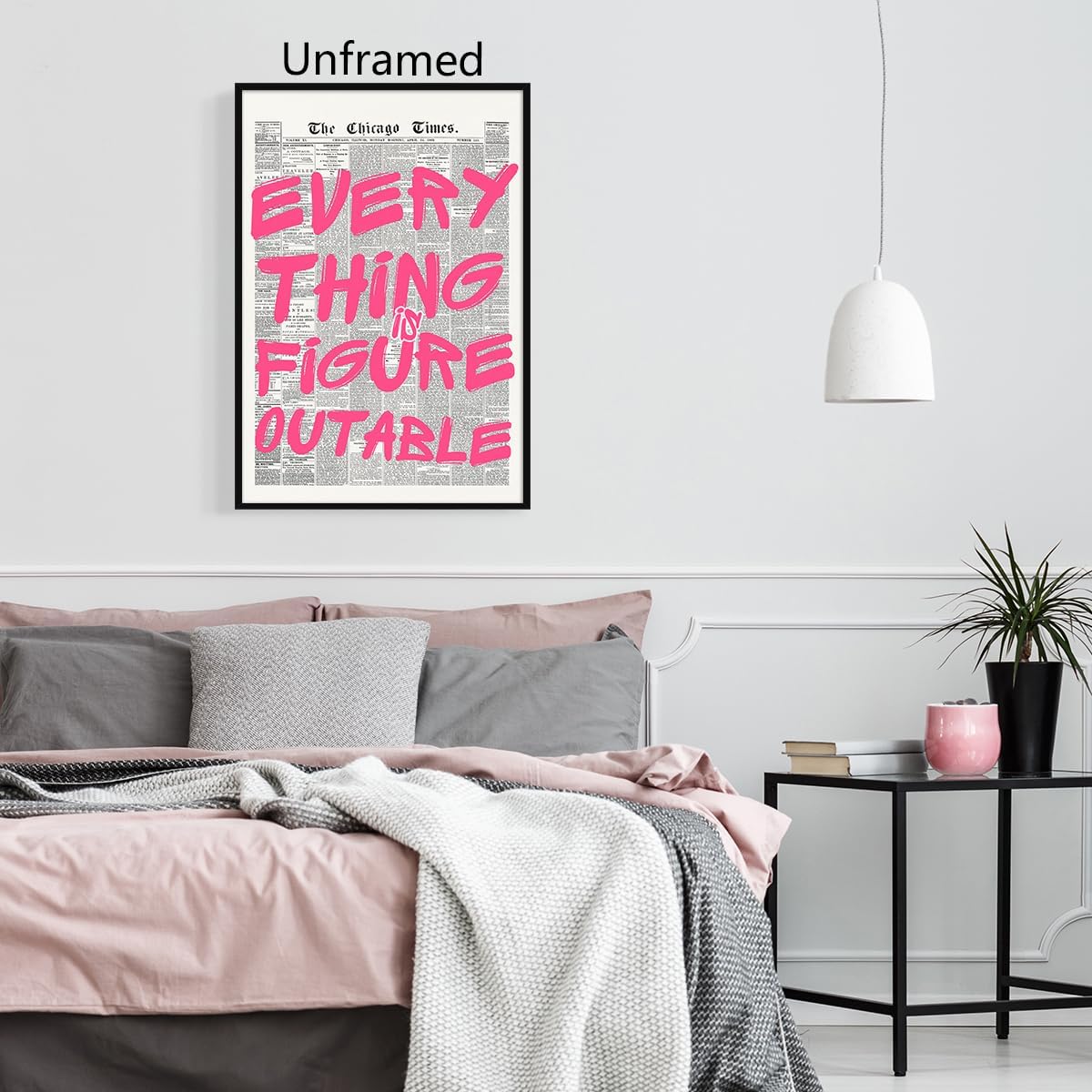 Pink Everything Is Figureoutable Quote Poster, Vintage Black White Newspaper Canvas Wall Art, Trendy Positive Affirmations Picture Print, Inspirational Office Dorm Wall Decor 16x24in Wrapped Canvas