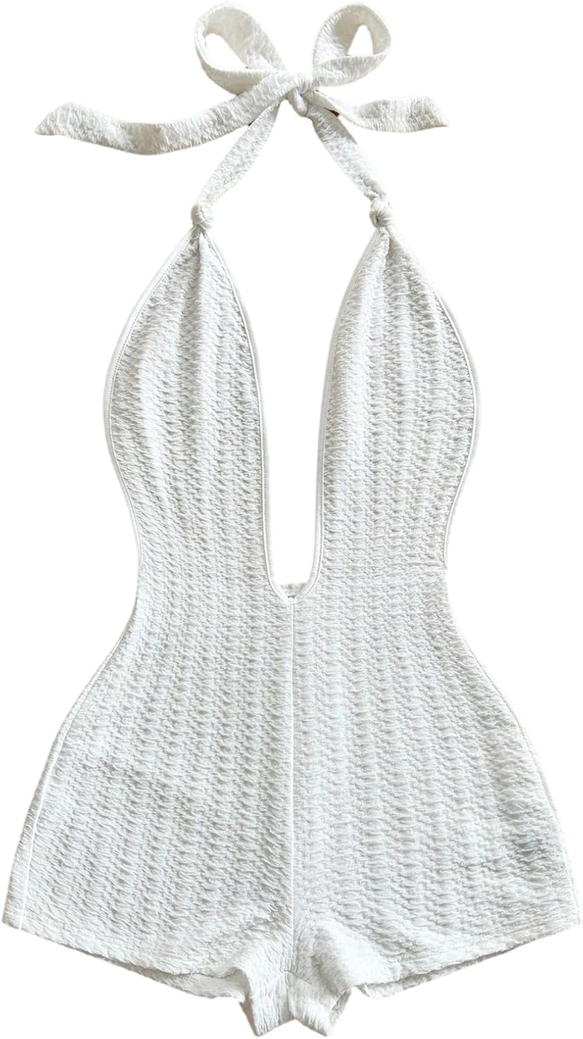 SHENHE Women's Sexy Deep V Neck Halter Romper Backless Textured Summer Vacation Short Jumpsuit