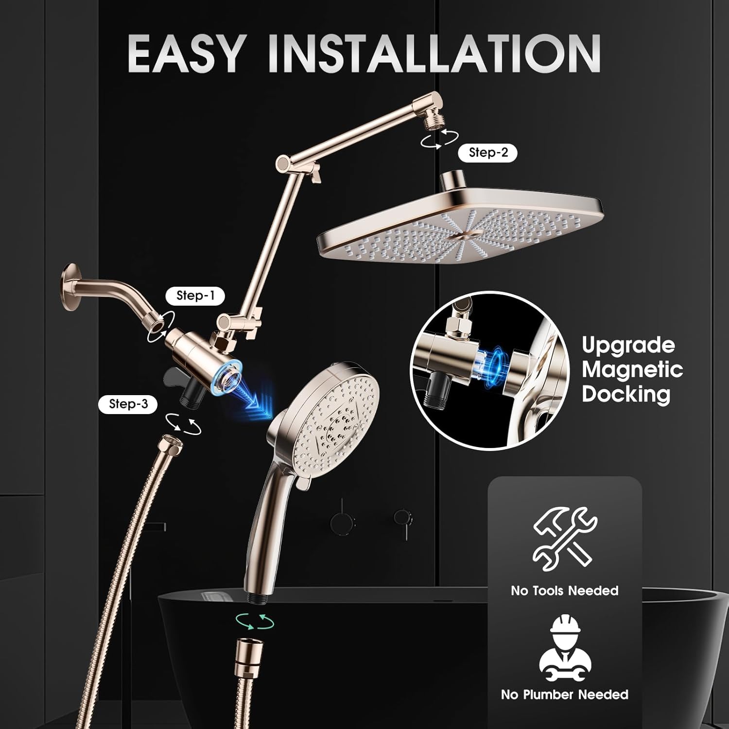 12" Rain Shower Head with Magnetic 4.7" 9-Mode Handheld Spray Combo, High Pressure Dual Shower Heads with Adjustable Extension Arm, with 59'' Extra Long Shower Hose (Nickle)