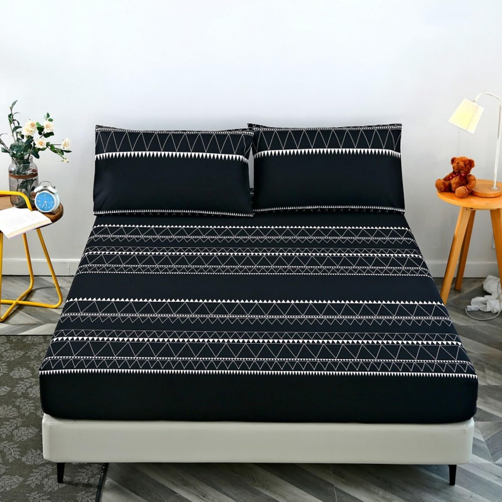 Fitted Sheet, Single Double Microfibre Bed Sheet 3D Pattern Bedspreads with 1/2 Pillowcases, Breathable Bedcover Bedding Bedspreads (Black Wave,140x200cm)