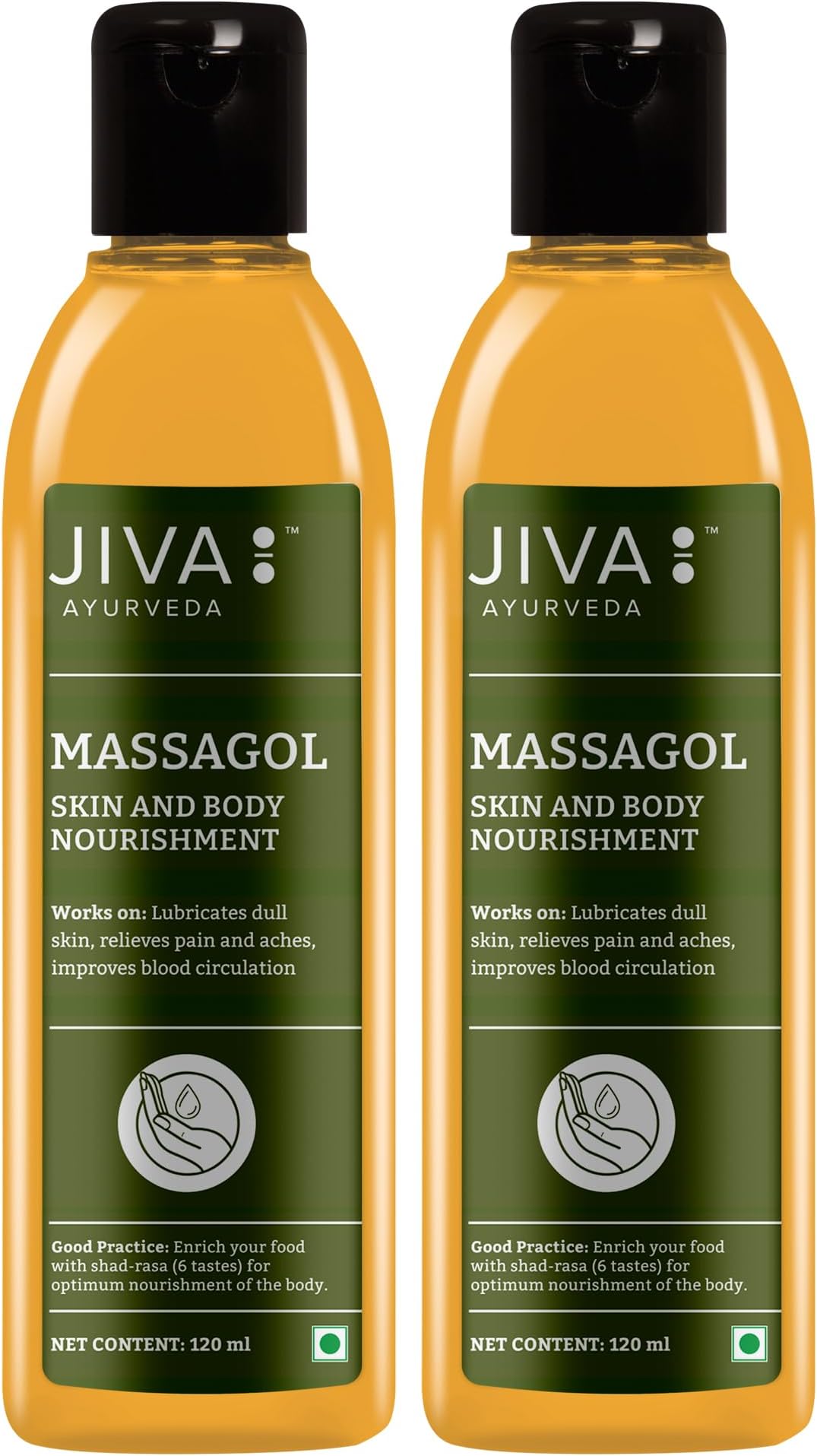 Jiva Massagol Oil 120ml | 100% Ayurvedic Formula | Reduces Muscular Stiffness & Pain | Rejuvenates Nervous System | Enhances Blood Circulation, And Prevents Sagging Skin & Wrinkles (Pack Of 2)