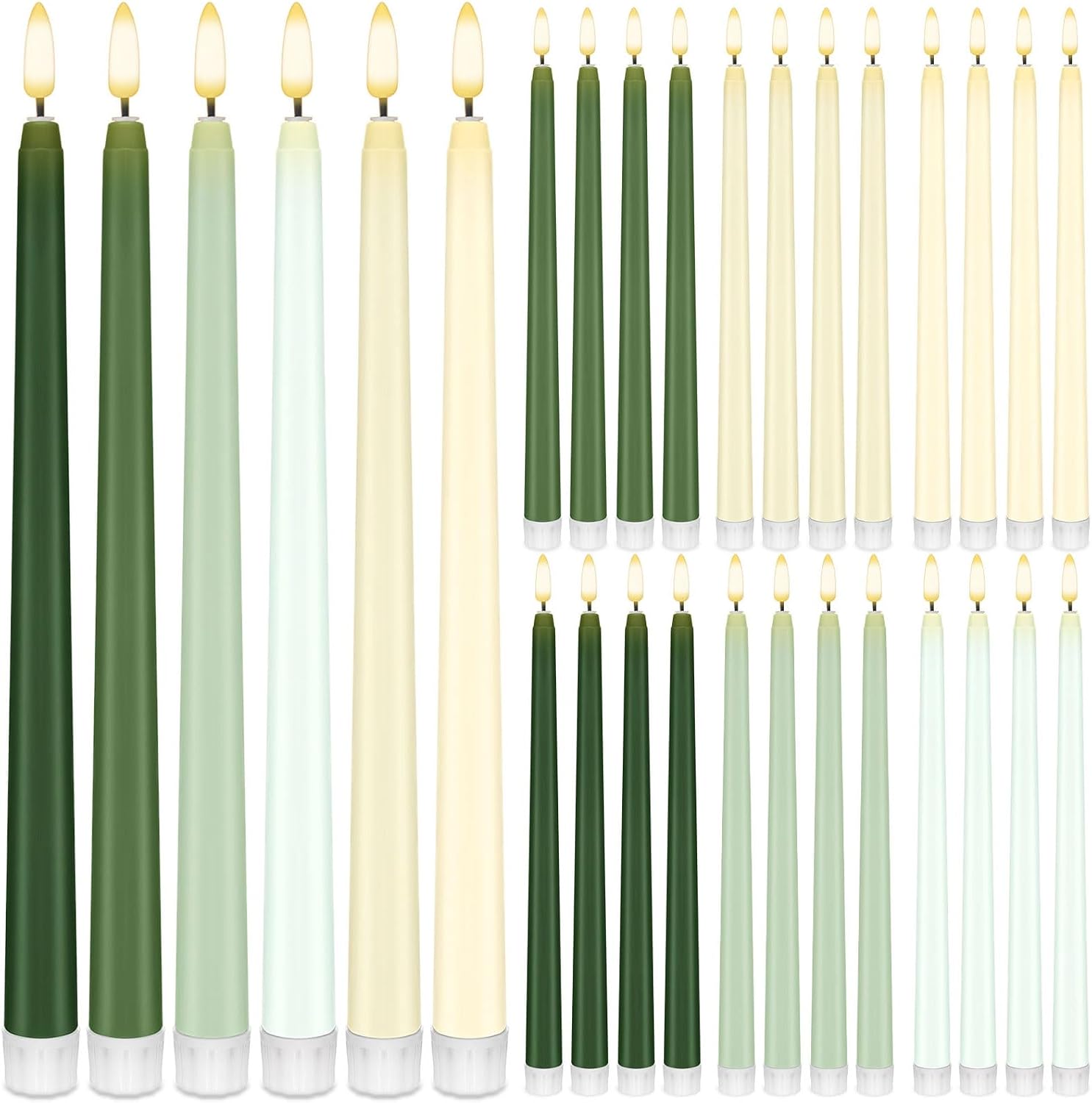 Baquler 24 Pcs 11'' Green Flameless Taper Candles Battery Operated Candles LED Plastic Gradient Flickering Candlesticks for Wedding Church Dinner Home Christmas Party Decor