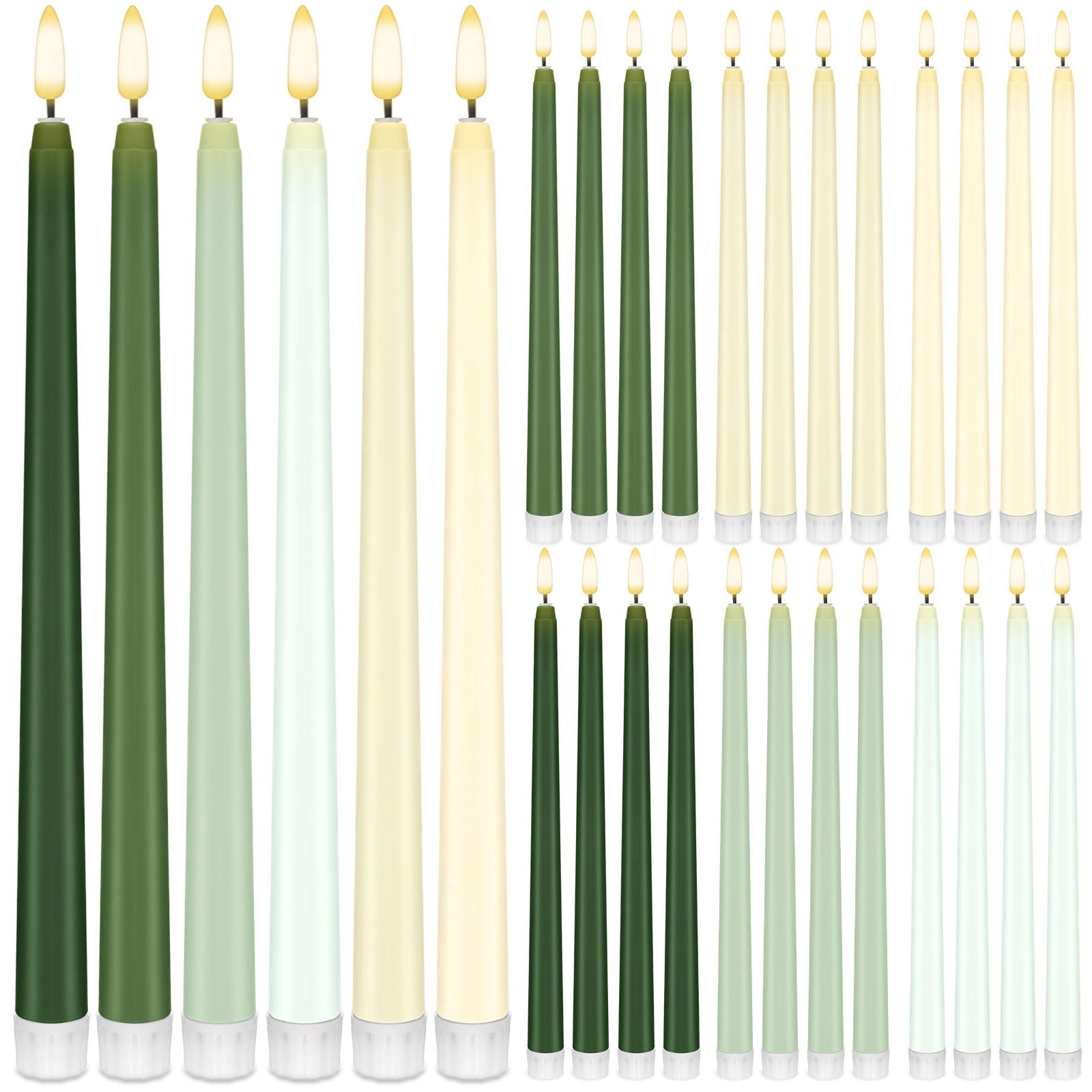 Baquler 24 Pcs 11'' Flameless Taper Candles Green LED Candlesticks