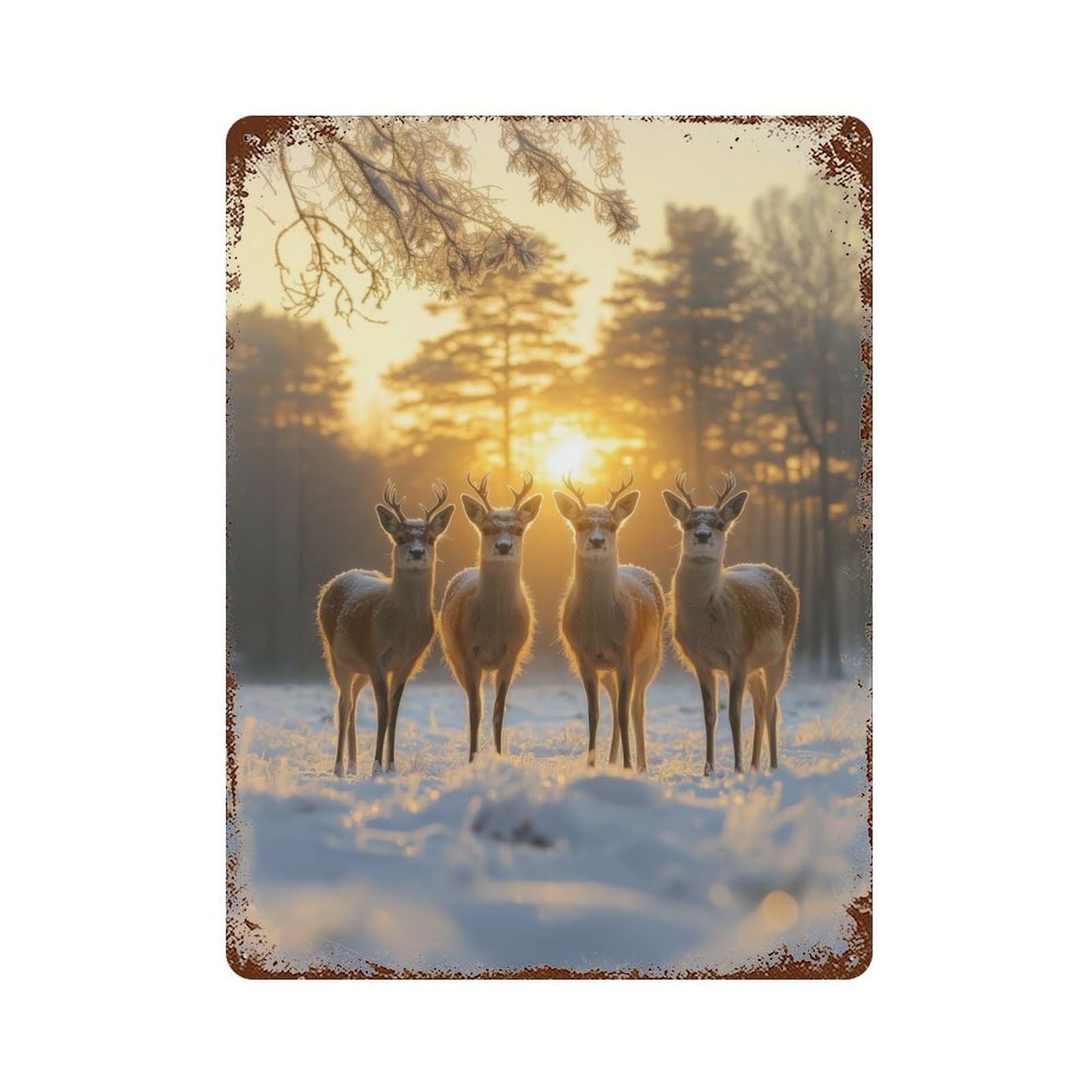 Rusty Metal Tin Sign with Four Deer at Sunset Design 15.7"x11.8", for Farmhouse, Kitchen And Entryway Decor, Rustic Home Decor