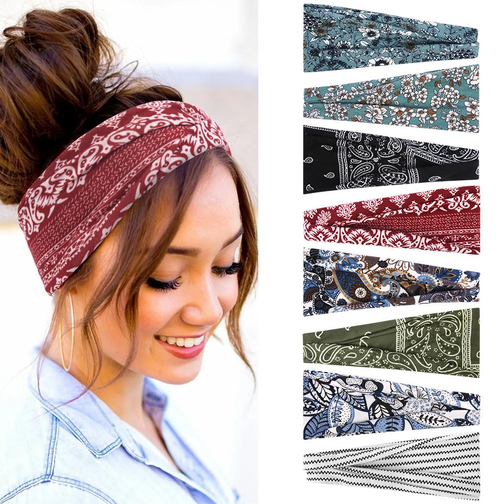 AOOSA 8 Stück Haarband Damen, Elastische Stirnband Damen, Kopftuch Weiche Boho Mehrfarbig Headband, Rutschfest Haarbänder für Yoga, Kosmetik, Sport, Haarschmuck, Fitness