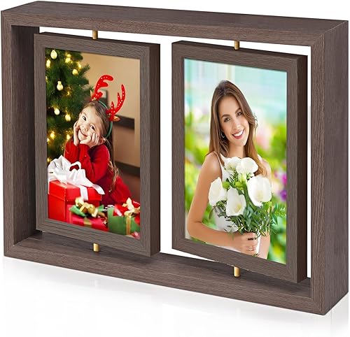 Vista 22 de ZEEYUAN Marcos de fotos de escritorio de 4 x 6 pulgadas, marco de fotos rústico giratorio flotante de 4 x 6 pulgadas, marco de doble cara