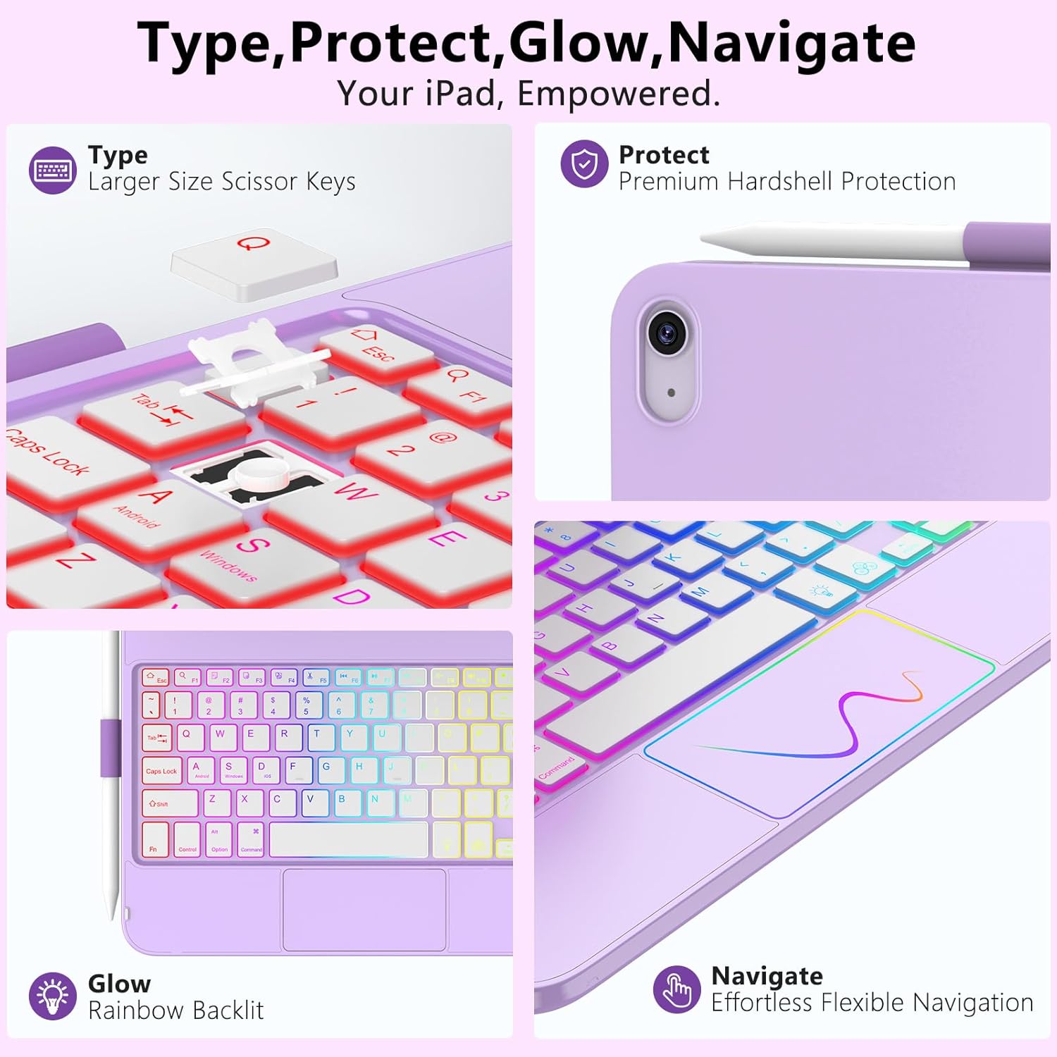 For iPad 11th Generation/10th Generation Case with Keyboard,Touch Keyboard for iPads A16 /10th Gen 10.9 inch 2022 - 10 Color Backlight, 360° Rotatable Protective Case for iPad A16 with Pencil Holder