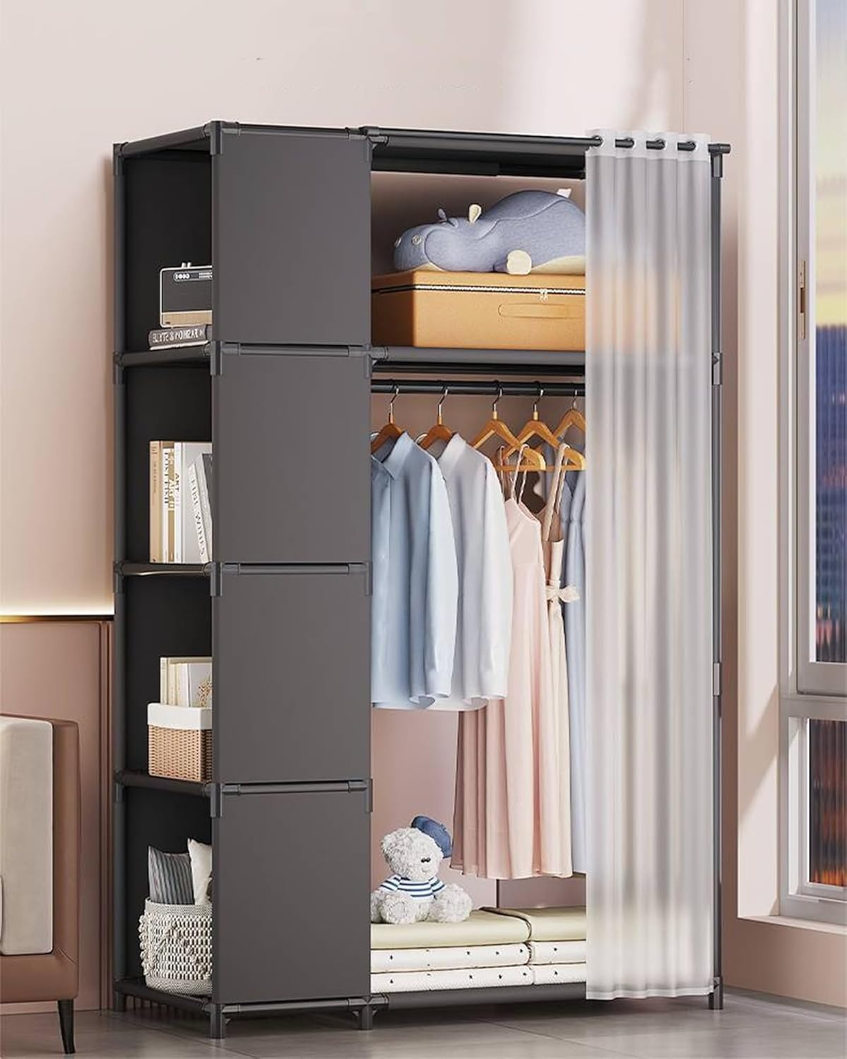 衣類収納ラック 大容量ワードローブ 洋服掛け カバー付き 防塵防汚防水 通気性良好 多機能クローゼット 省スペース 簡単組み立て 壁