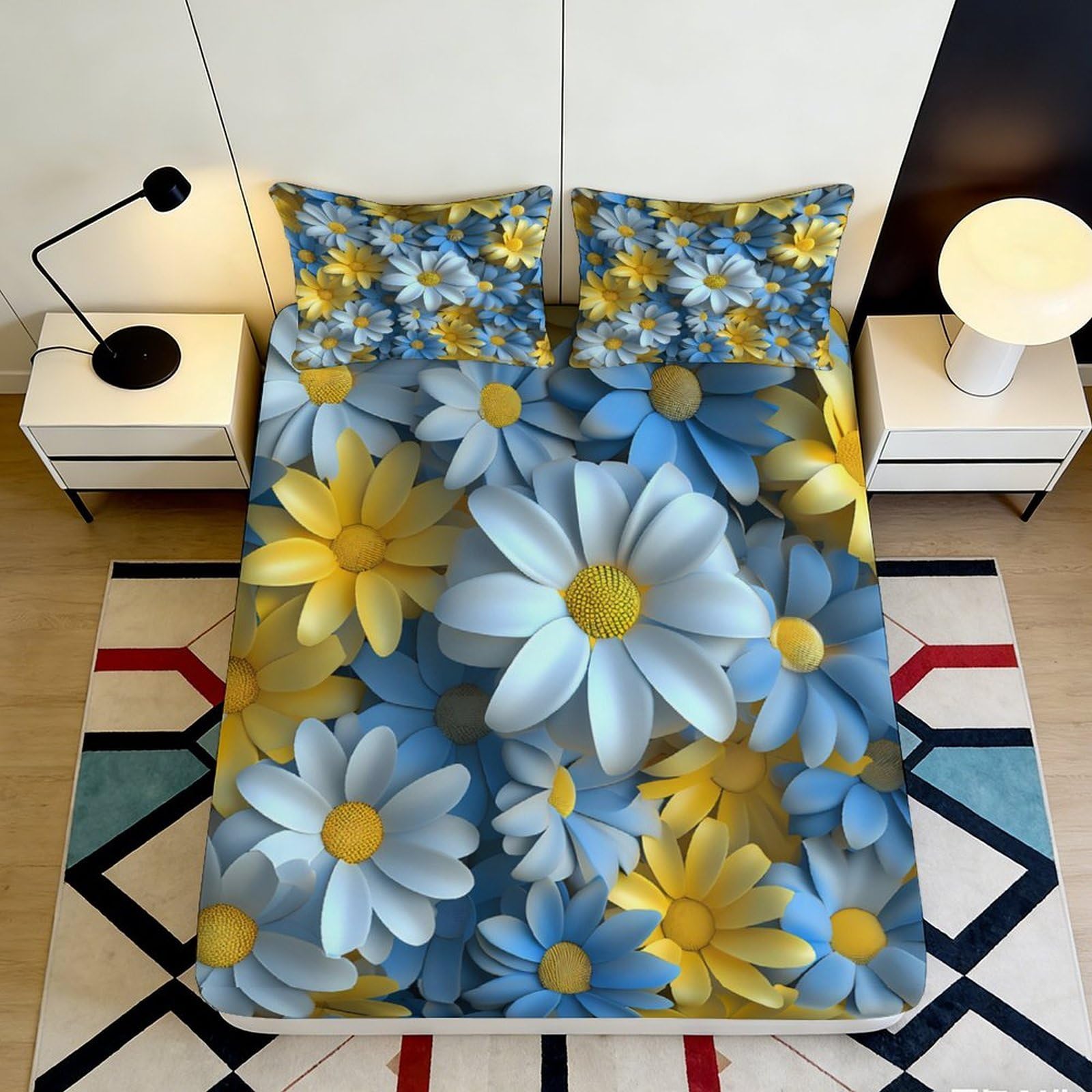 3D Printed Daisy Blossom Fitted Sheet Microfiber Soft Yellow Blue Flower Bed Cover for Bedroom Dorm Decor 90x200x25cm
