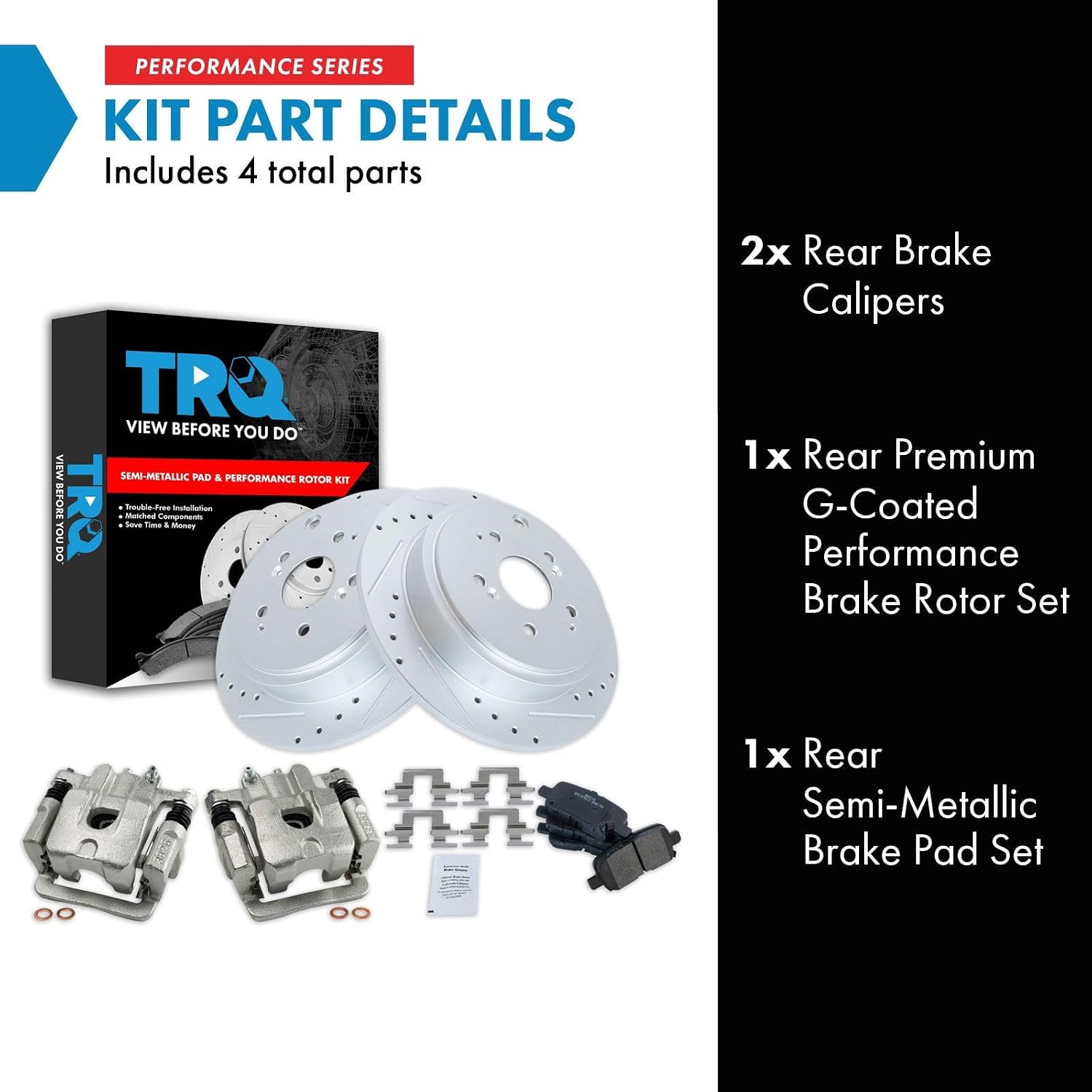 TRQ Rear Brake Pad and Rotor Set Semi Metallic Coated Drilled Slotted Rotors Calipers Compatible with 2001-2006 Acura MDX 2003-2008 Honda Pilot