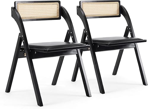 VINGLI Juego de 2 sillas plegables de comedor, sillas plegables de madera con respaldo de ratán, cojín de cuero, marco de madera de haya sin brazos