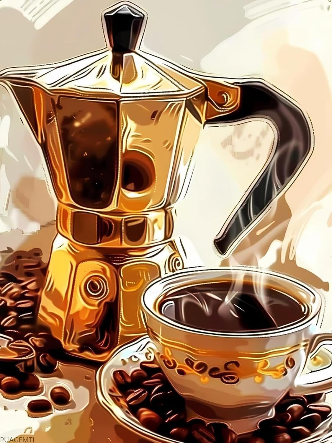 PUAGEMTI 5D Coffee on The Table Full Round Diamond, Diamond Painting Kit for Adults, DIY Diamond Art Kits for Beginners, Beautiful Home Wall Decor Gift 12x16 inch