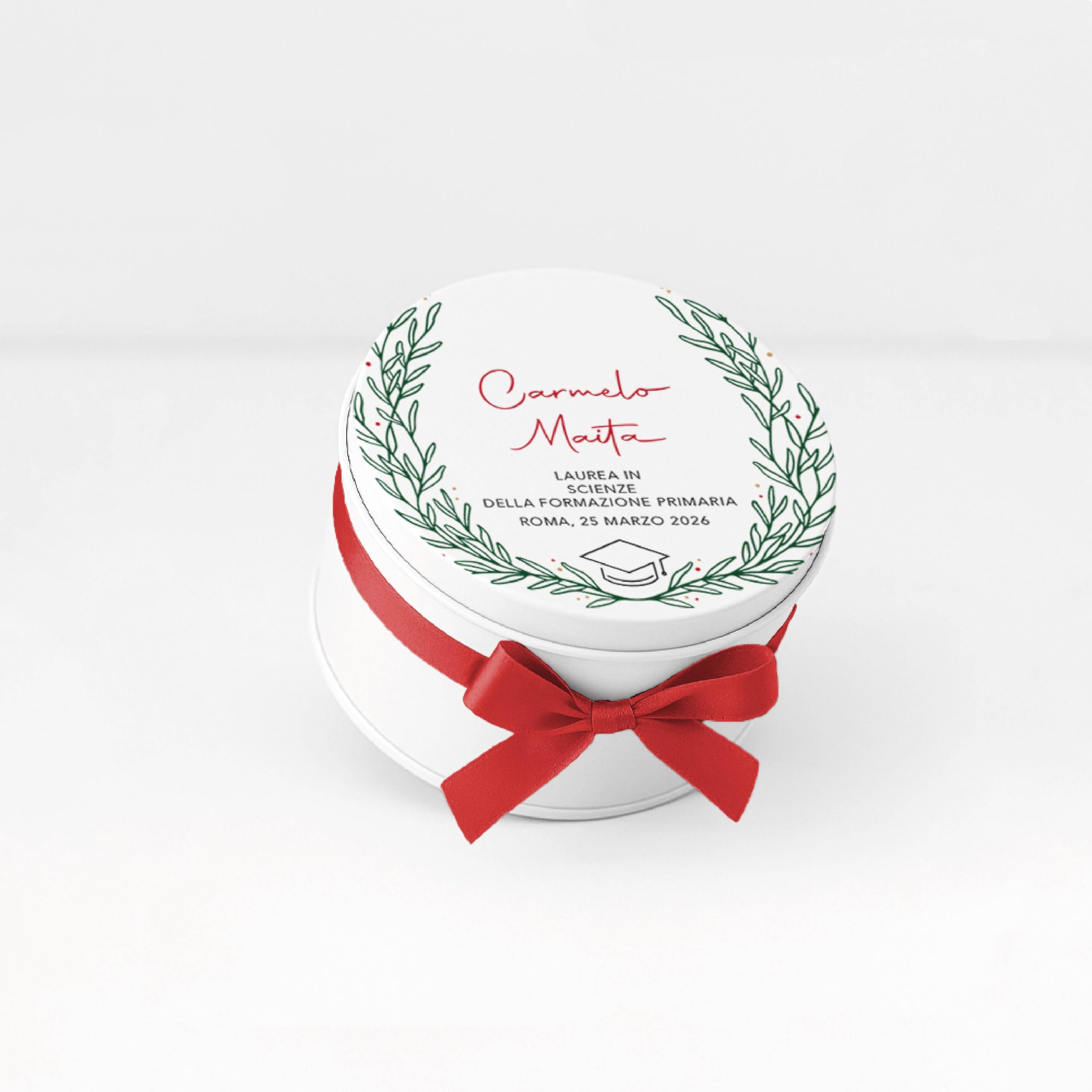 Generico Set 10 Scatoline Portaconfetti Bomboniera, Latta con Tappo Personalizzato, Bomboniera Elegante, Scatola Regalo con Nastro Incluso, 7x7x4.5 cm, per Eventi (Laurea) (Corona Laurea)