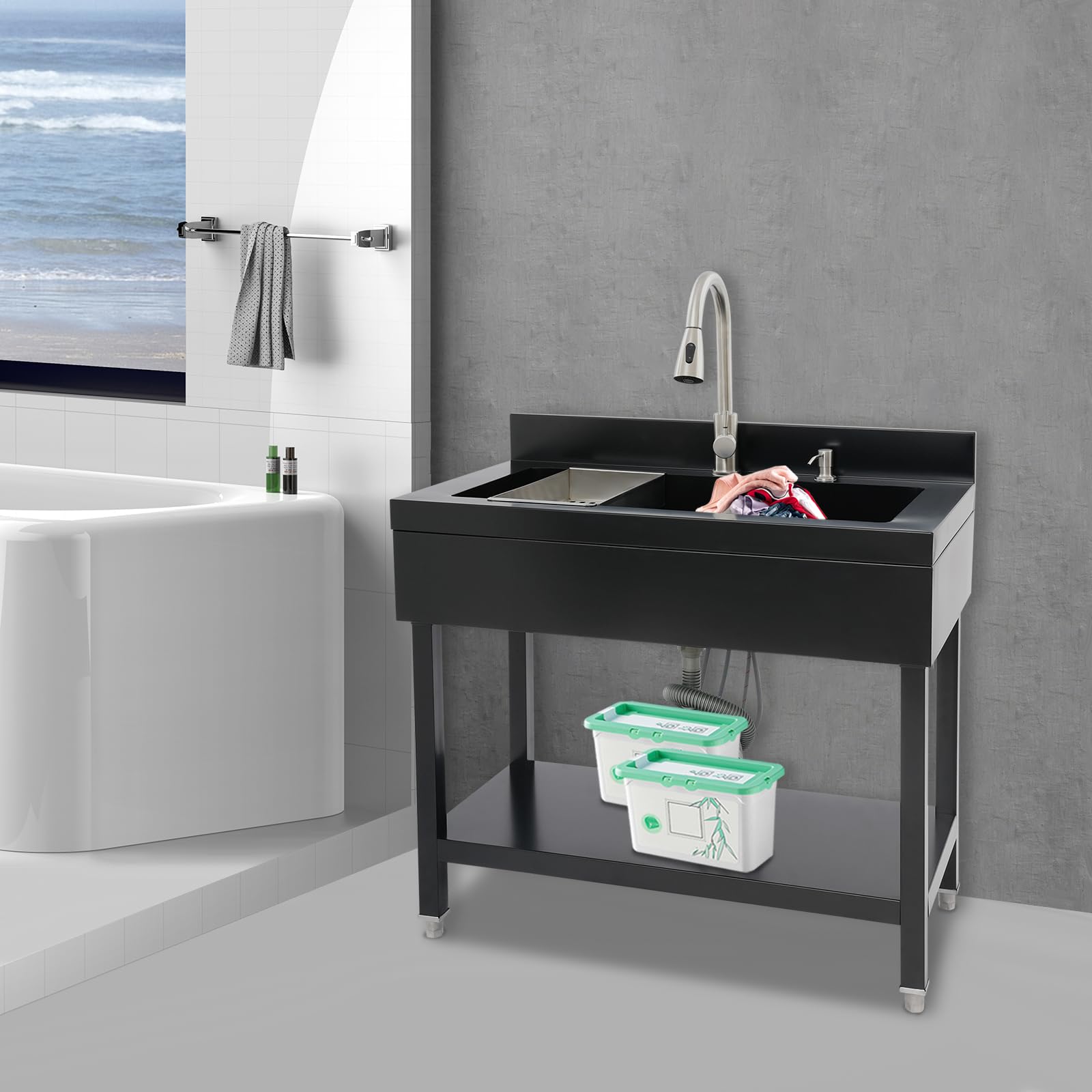 Fregadero de cocina independiente de acero inoxidable, 90 x 60 x 90 cm, fregadero individual extragrande, fregadero comercial con grifo extraíble y escurridor para lavandería, restaurantes (negro)