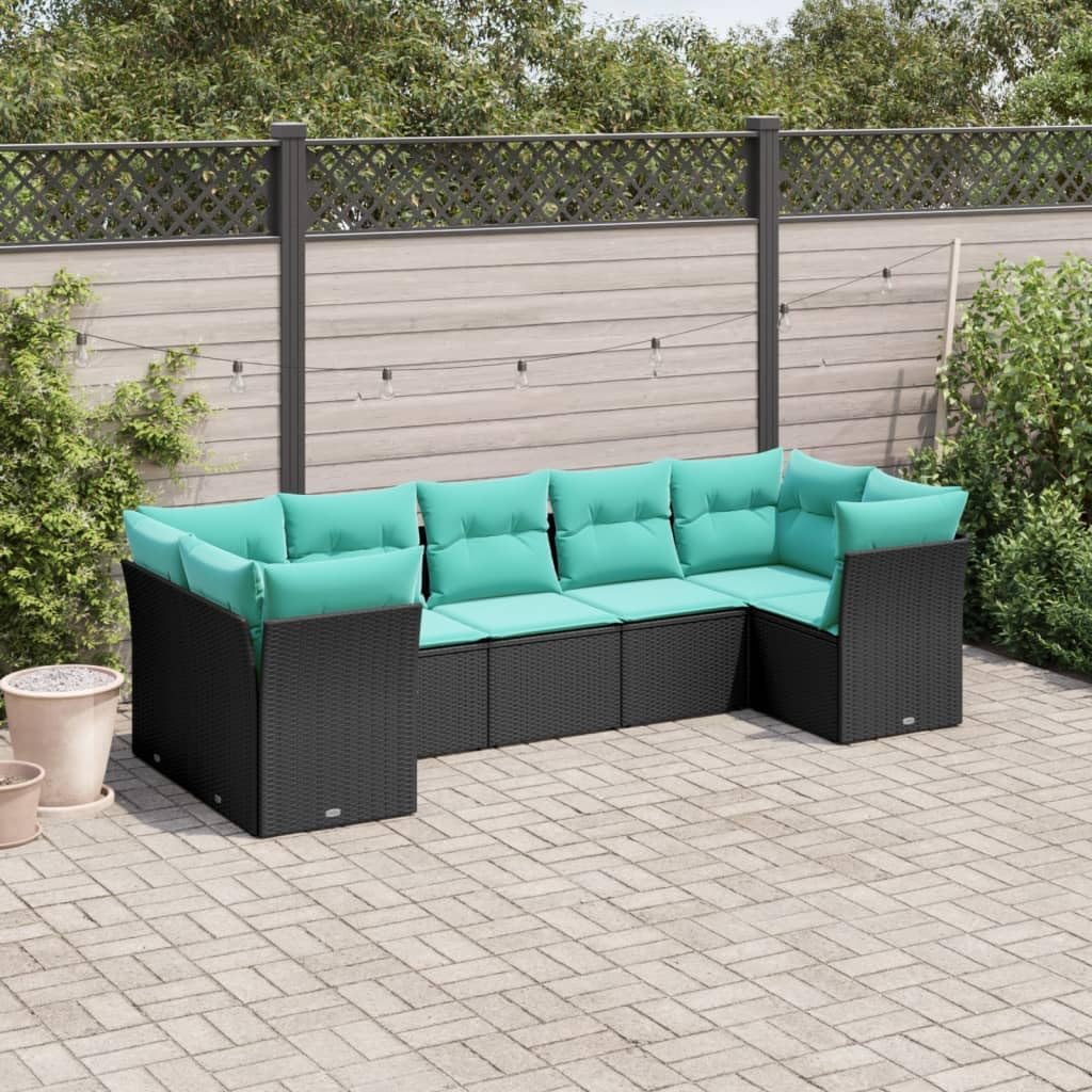 7-tig Patio Sofa Set Black Poly Rattan Cushions Comfortable Inviting Backyard Terrace