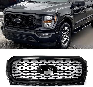 Front Black Grill Compatible with 2021 2022 2023 Ford F150 Pickup | Honeycomb Mesh Bumper Grille Assembly, Sturdy ABS Plastic, Wear-resistant, Bolt-on Installation, Replace for ML3Z8200LBPTM