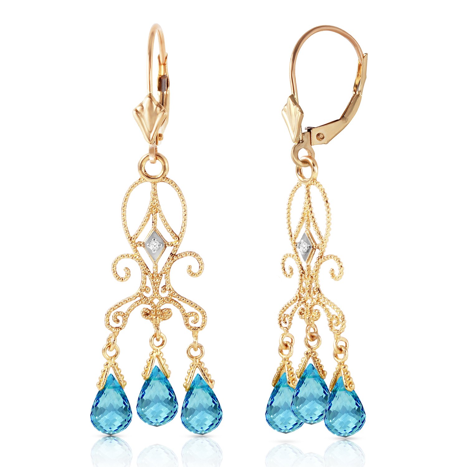 Galaxy Gold GG 14K Solid Yellow Gold Natural Blue Topaz and Diamond Chandelier Earrings for Women Fine Jewelry