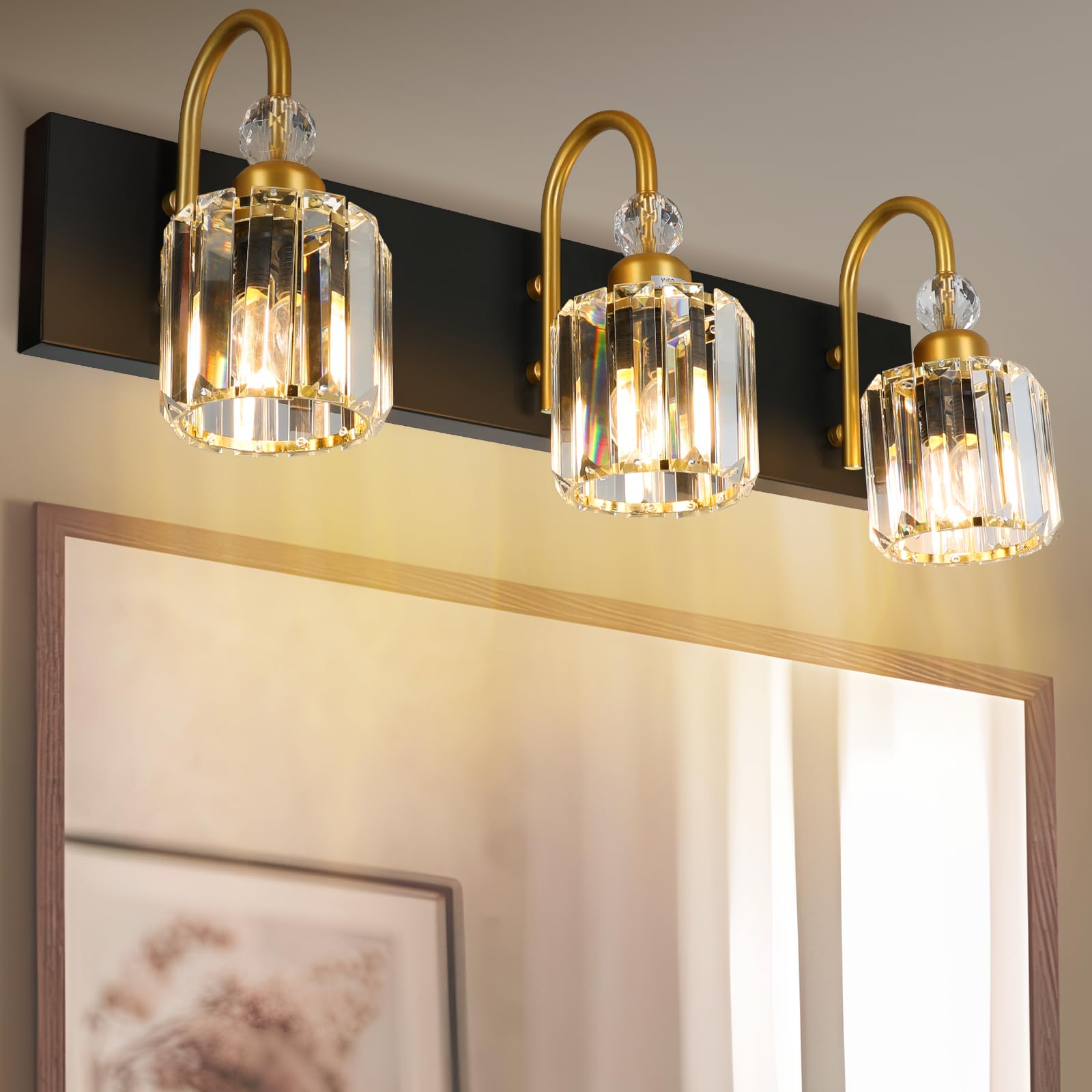 VOWNER Modern Crystal Vanity Light - 3 Light Bathroom Vanity Light Fixtures Over Mirror Modern Bathroom Vanity Lights for Bathroom Black Gold Crystal Bath Wall Light Fixtures