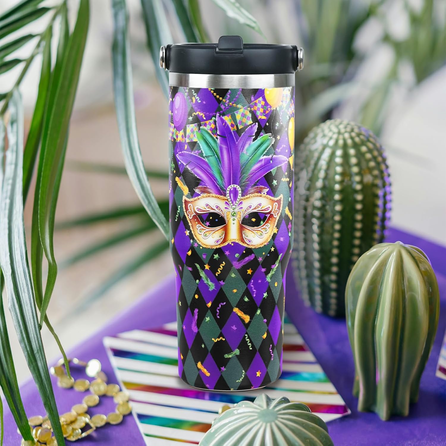 30oz Halloween Tumbler with Handle and Straw, Goth Black Cat Insulated Tumbler, Leak Proof Travel Coffee Mug, Reusable Stainless Steel Witch Tumbler, Halloween Gifts for Women (purple green) - Image 3