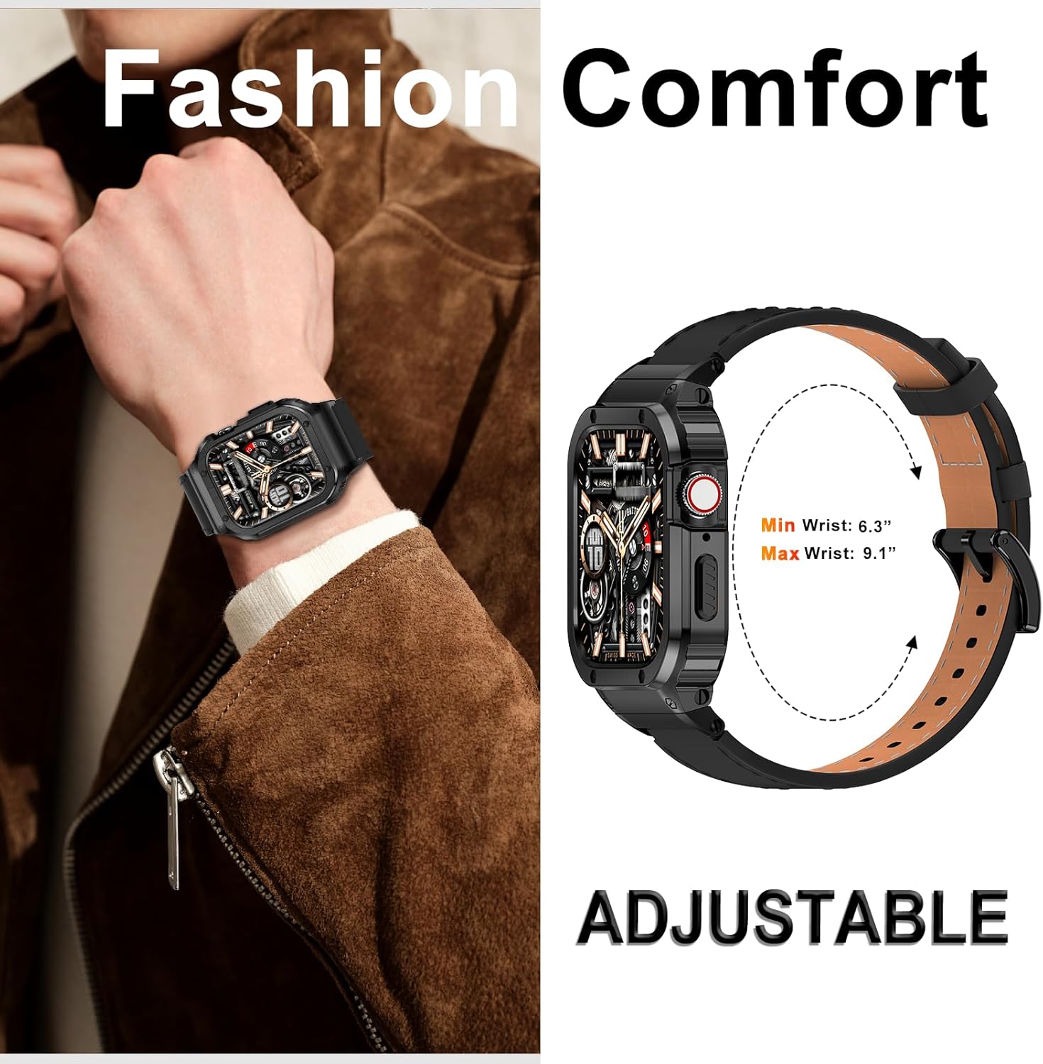 SUPLINK Leather Band with Stainless Steel Case for Apple Watch Ultra 3/2/1 & SE 3/2/1 & Series 11 10 9 8 7 6 5 4 3 2 1 49mm 46mm 45mm 44mm 42mm 41mm 40mm 38mm,Rugged Bumper for Men