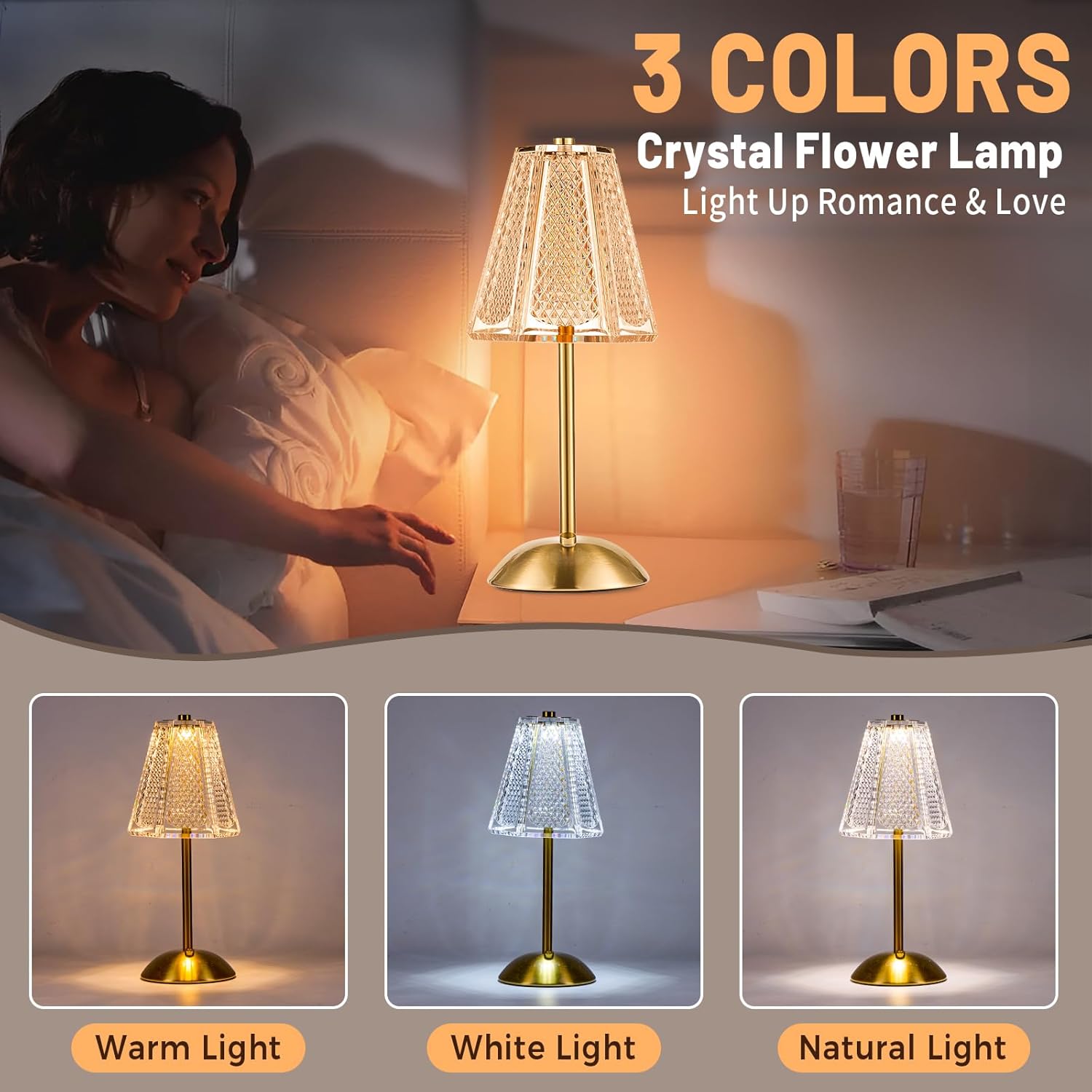 HAPYGI Portable Battery Operated LED Table Lamp with Touch Sensor, Gold Cordless Brass Rechargeable Bedside Lamp/Night Light/Restaurant Table/Outdoor/Coffee/Bar