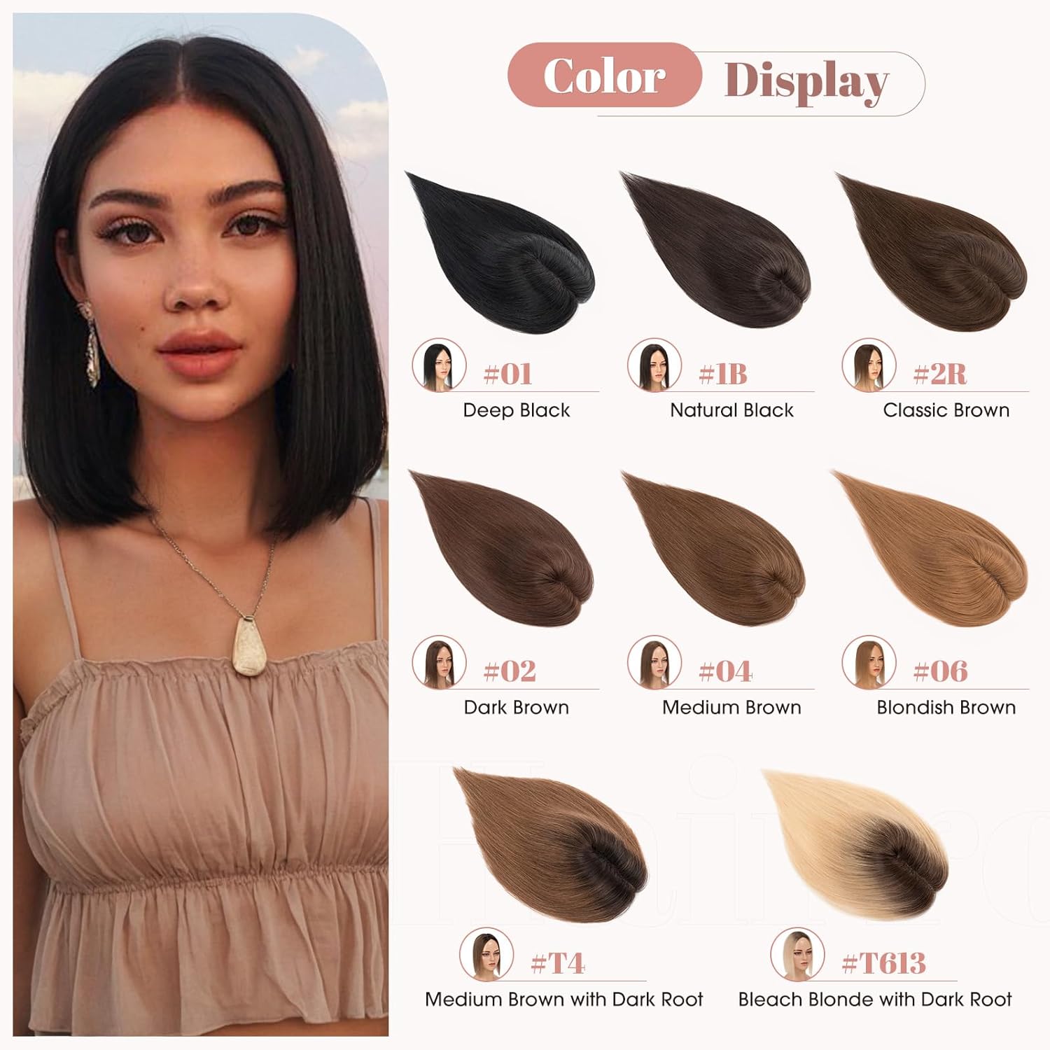 Hairro Human Hair Topper without Bangs, Clips on 360° 3D Cover Real Hairpieces Lightweight, 2.25"x6" Base for Women with High Hairline/Thinning Hair, 12 Inch Deep Black No Bangs