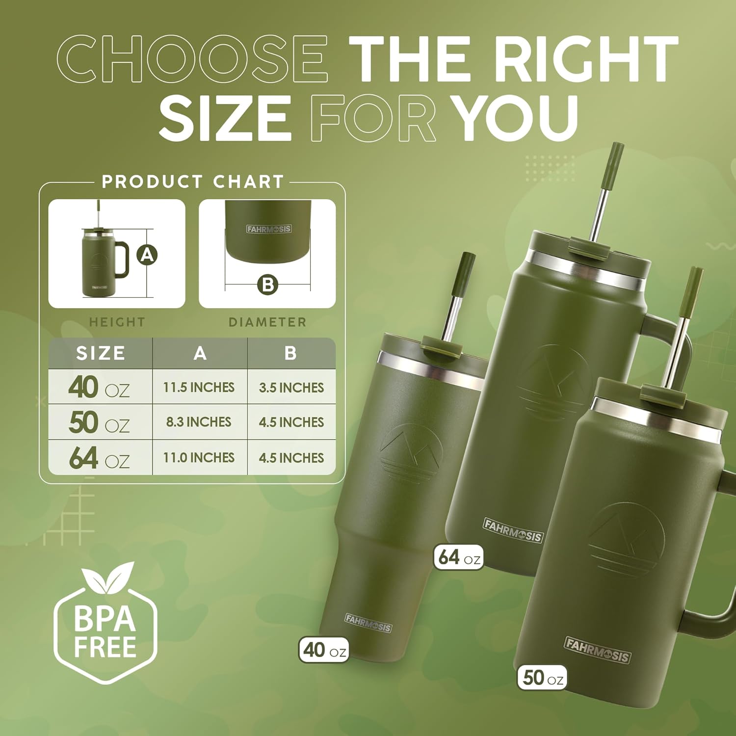 64 Oz Tumbler with Handle and Straw Half Gallon Water Bottle Stainless Steel Travel Mug for Hot & Cold Drinks, Reusable Water Bottle with Lids and Straw - Army Green - Image 3