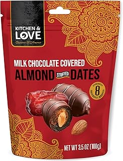 Kitchen & Love Milk Chocolate Covered Almond Stuffed Dates in a Convenient Resealable Pouch, 8 Individually Wrapped Pieces, Healthy Snack, 3.5 oz pouch (Pack of 1)