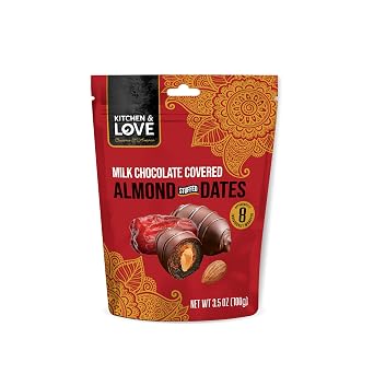 Kitchen & Love Milk Chocolate Covered Almond Stuffed Dates in a Convenient Resealable Pouch, 8 Individually Wrapped Pieces, Healthy Snack, 3.5 oz pouch Pack of 1