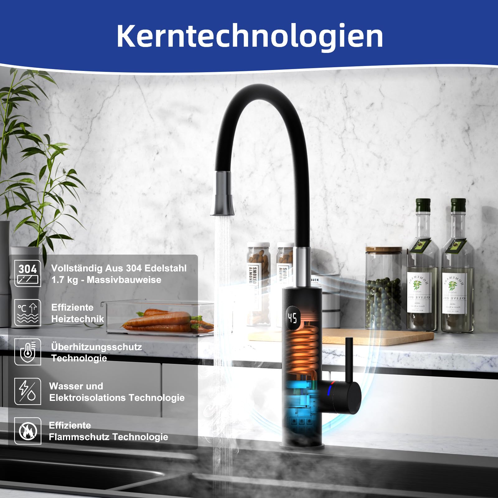 Wasserhahn mit Durchlauferhitzer Küche, 3200W Elektrischer Wasserhähne Sofort Heißes Küchenarmatur mit Flexibler Auslauf und LCD Temperaturanzeige, 360º Drehung Schnellheizungshahn Armatur, Schwarz