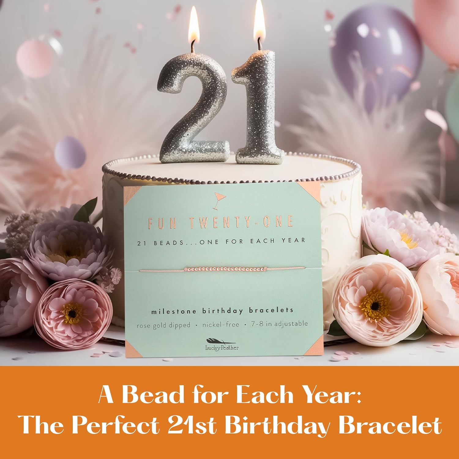 Lucky Feather 21st Birthday Gifts For Her | 21st Birthday Bracelet With 14k Dipped Beads Adjustable Cord Milestone Gift | Gifts For 21 Year Old Female | Gift Card For 21 Girls | 21 year old birthday gifts for her - Image 3