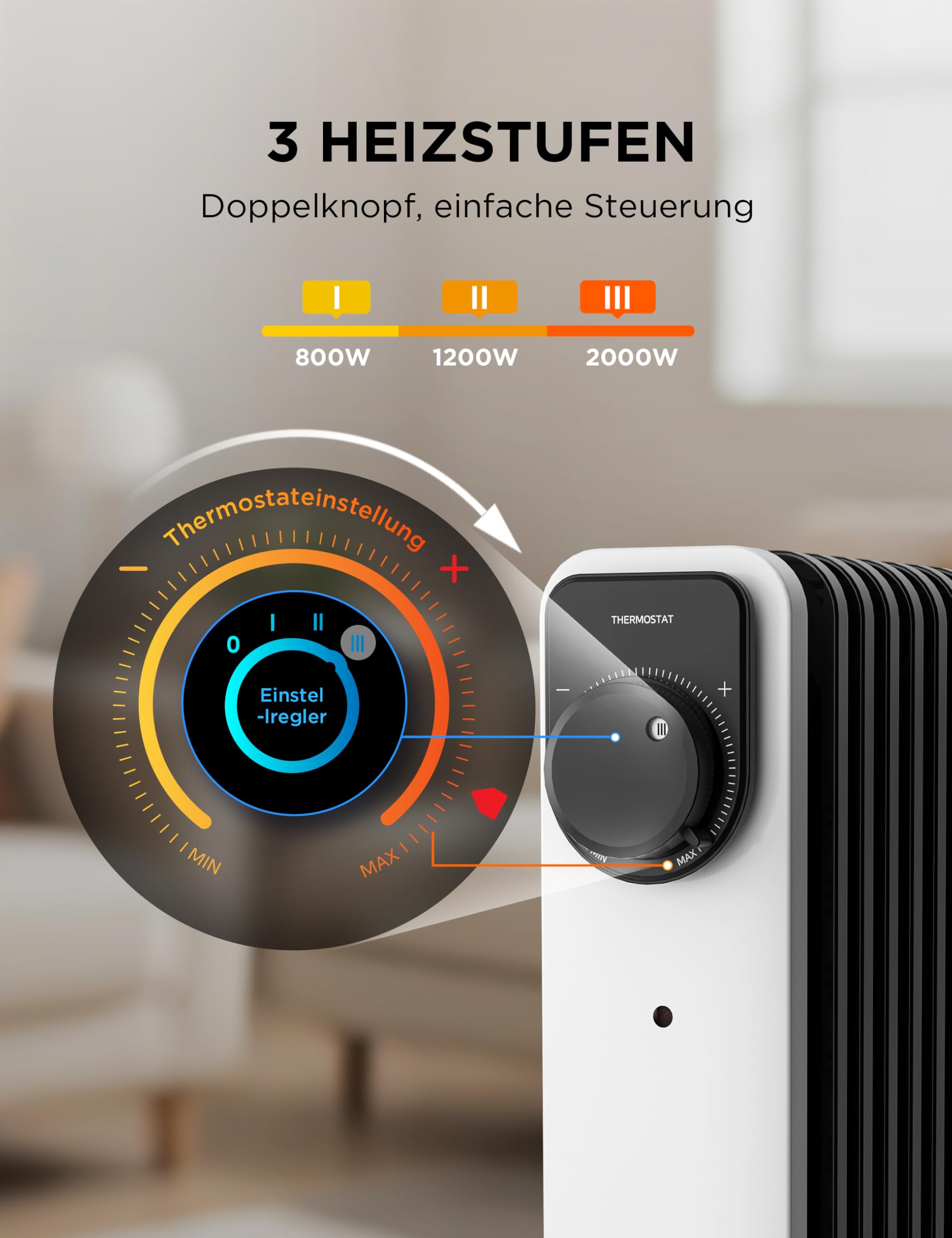 Midea Ölradiator, 2000W 9 Rippen tragbarer Elektroheizer mit Drehknopfregelung und einstellbarem Thermostat, 3 Heizstufen, Kipp- und Überhitzungsschutz, ultra-leise im Büro & Zuhause