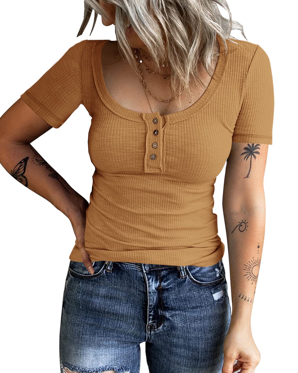 KINLONSAIRWomen’s Short Sleeve Henley T Shirts Button Down Slim Fit Tops Scoop Neck Ribbed Knit Shirts