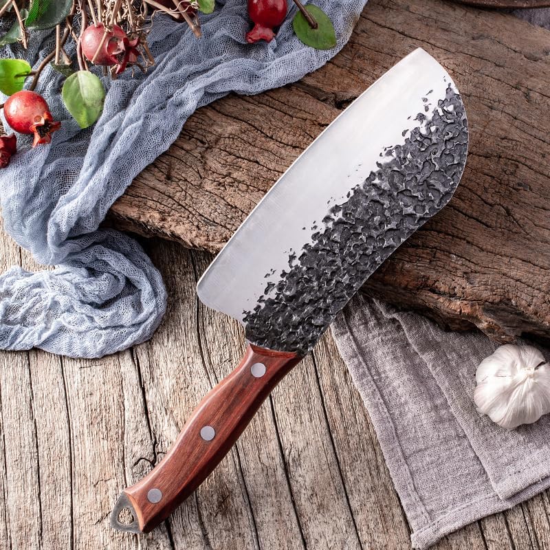 Meat Cleaver,Cleaver Knife 7 Inch Chinese Chef Knife 9Cr18MoV 3 Layers Clad Steel Slicing Cleaver Handmade Forged Kitchen Knives Cooking Tools