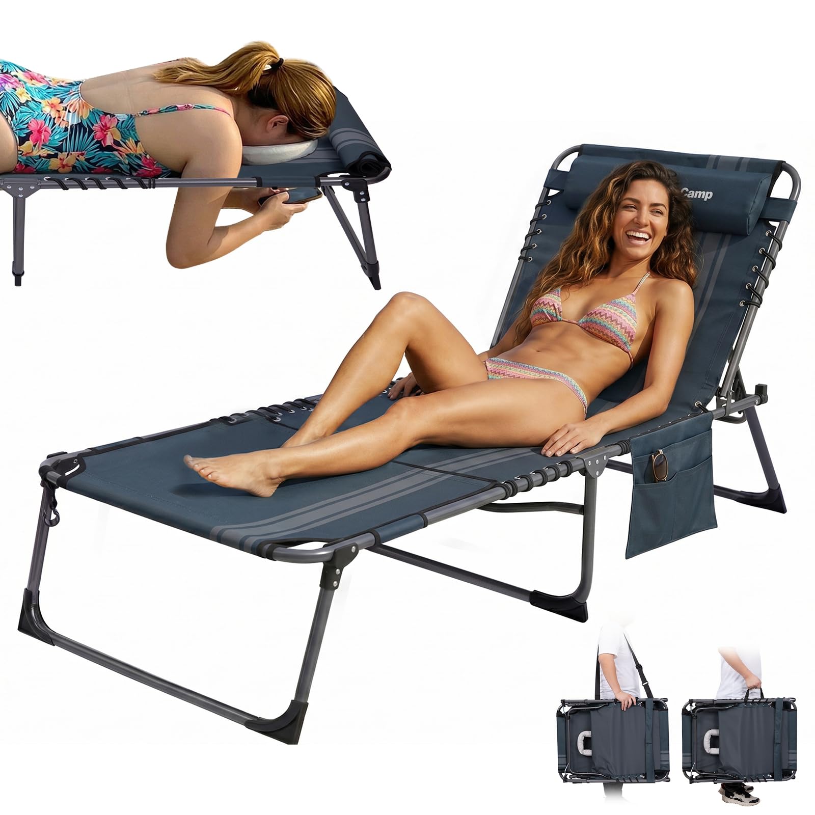 KingCamp Tumbona Plegable con Agujero para Lectura, Respaldo Ajustable 5 Posiciones, Silla Reclinable de Jardín con Correa, Cama Solar Portátil para Playa Terraza Piscina Camping Cama Supletoria