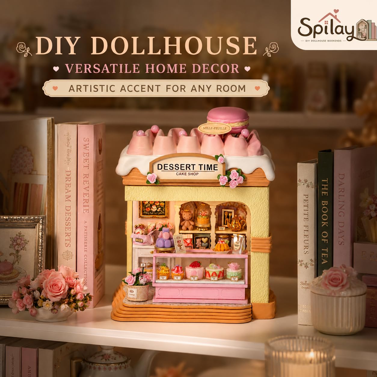 Spilay Miniatur Haus, Rose Dessert Shop DIY Miniature House mit LED-Licht, 3D Holz Puppenhaus Bastelset zum Entspannen & als Deko - Kreatives Geschenk (Weihnachten, Valentinstag, Geburtstag)