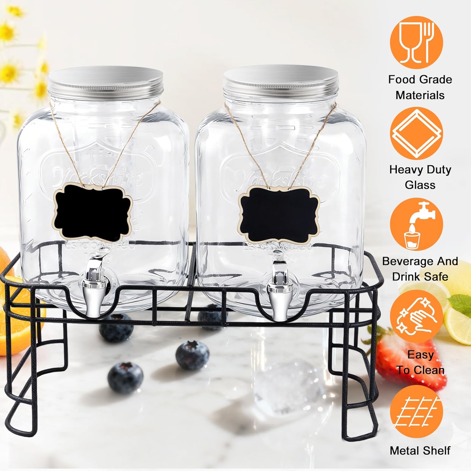 1.5 Gallon Glass Drink Dispensers For Parties-Set of 2,Drink Dispenser with Fruit Infuser & Stand,Juice or Beverage Dispenser for BBQ, Picnic, Party,Water Dispenser Laundry Detergent Dispenser - Image 4