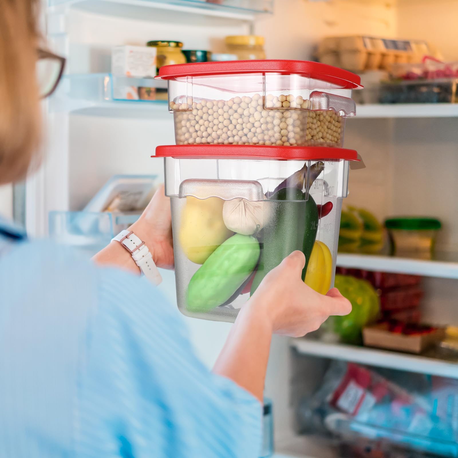 Suclain Juego de 8 recipientes de almacenamiento y almacenaje de alimentos con tapas de 2 cuartos y 4 cuartos cuadrados transparentes con asas de báscula para el hogar, restaurante, cocina