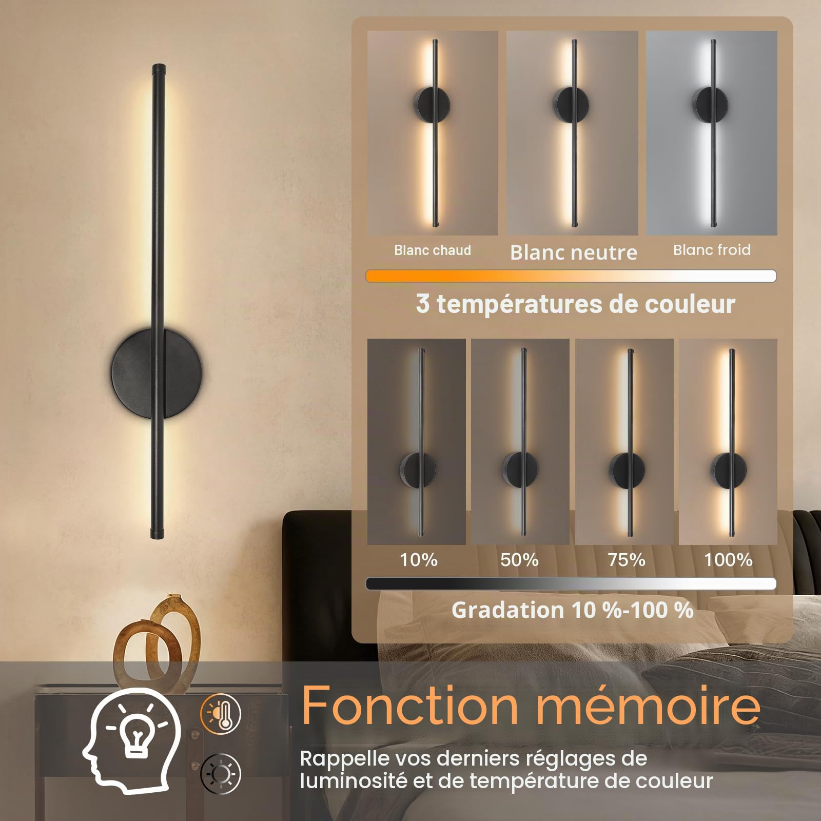 Ketom Lot de 2 Applique Murale Intérieure Rechargeable, Lampe Murale Sans Fil Noir, Luminaire Mural avec Télécommande, 3 Températures de Couleur & Dimmable, Minuterie