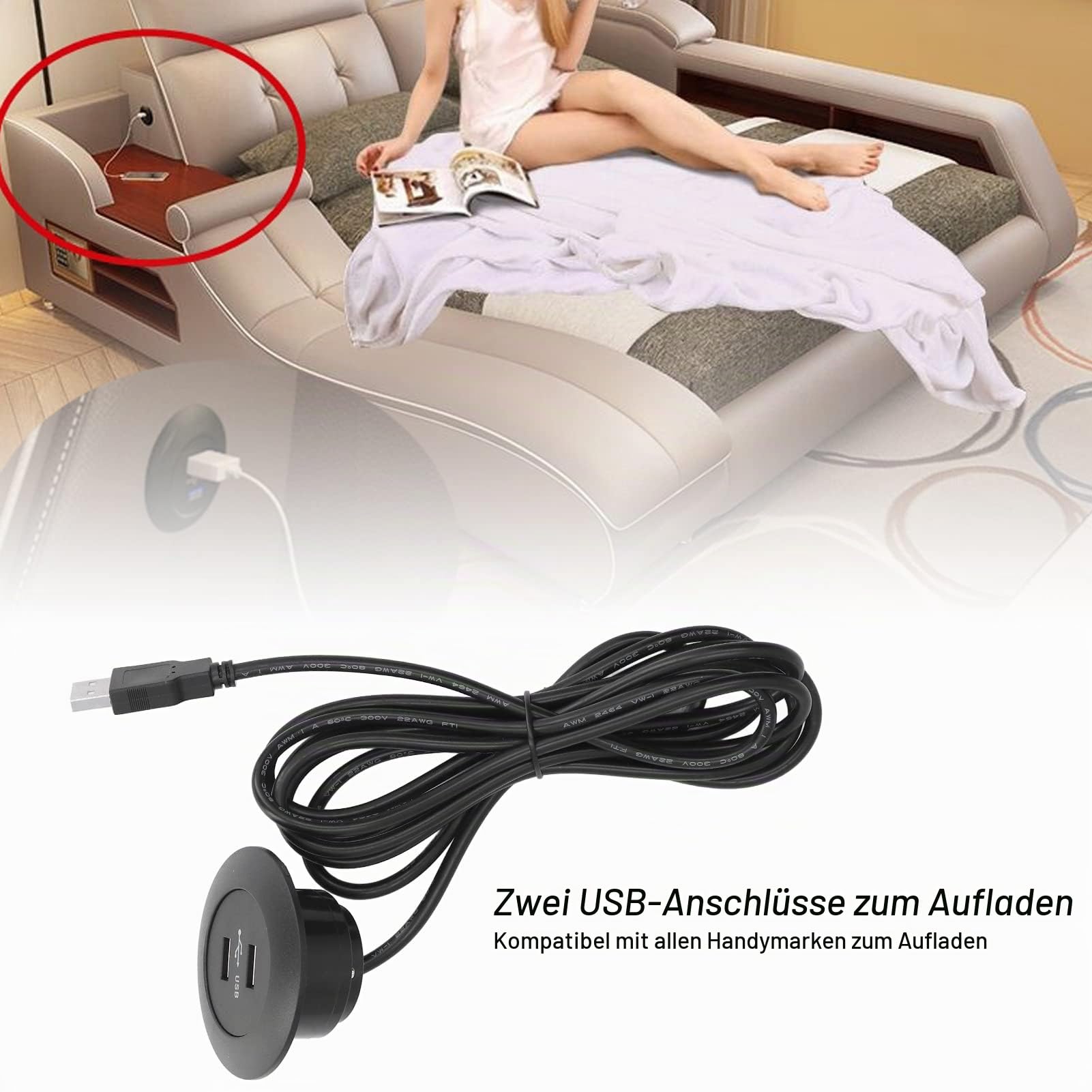 Septpenta Sofa Dual USB Ladebuchse, Einbau Power Hub, ABS Material, 2,5 M Langes Kabel, Geeignet für Den Heim und Bürogebrauch(Schwarz)