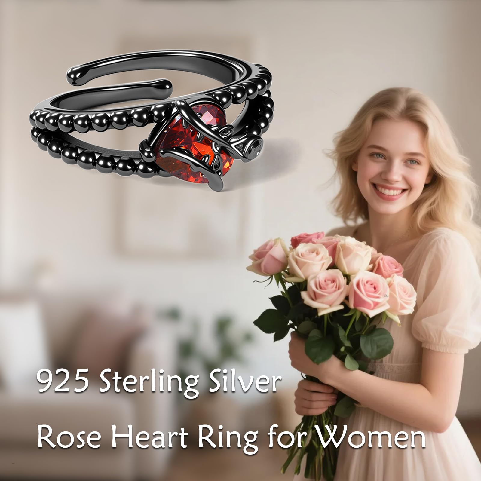 DAYLINLOVE Schwarze Rose Ring 925 Sterling Silber Gothic Rot Herz/Kreuz Daumen Ring Goth Rose Schmuck Geschenke für Damen Frauen Mädchen Mama