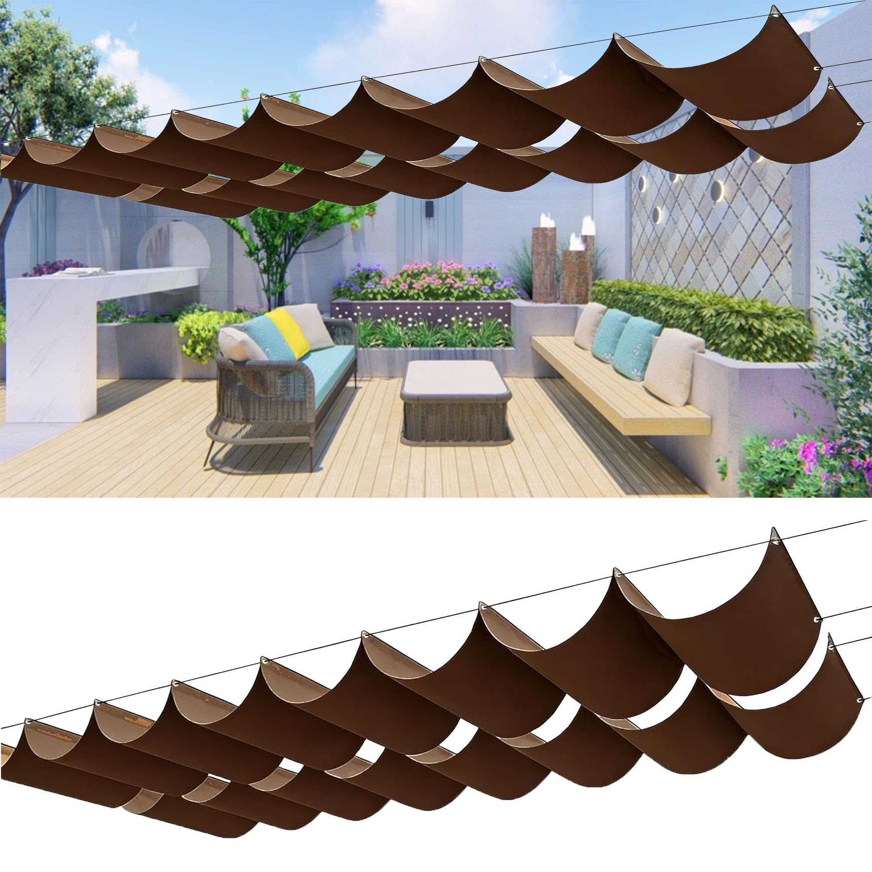 Voile d'ombrage rétractable marron 120 x 850 cm étanche pour pergola