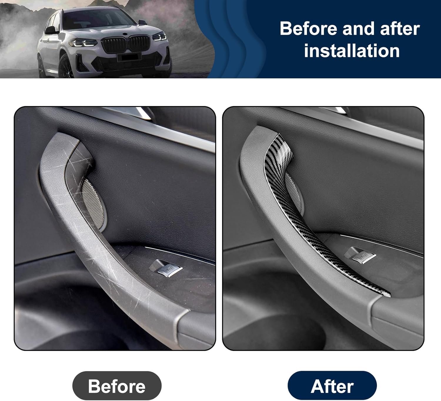 4 PCs Door Handle Cover for BMW X3 X4 G01 G02 2018-2023, Left & Right Interior Door Pull Handle Covers Driver & Passenger Side Door Pull Handle Sticky ABS Carbon Fiber Pattern