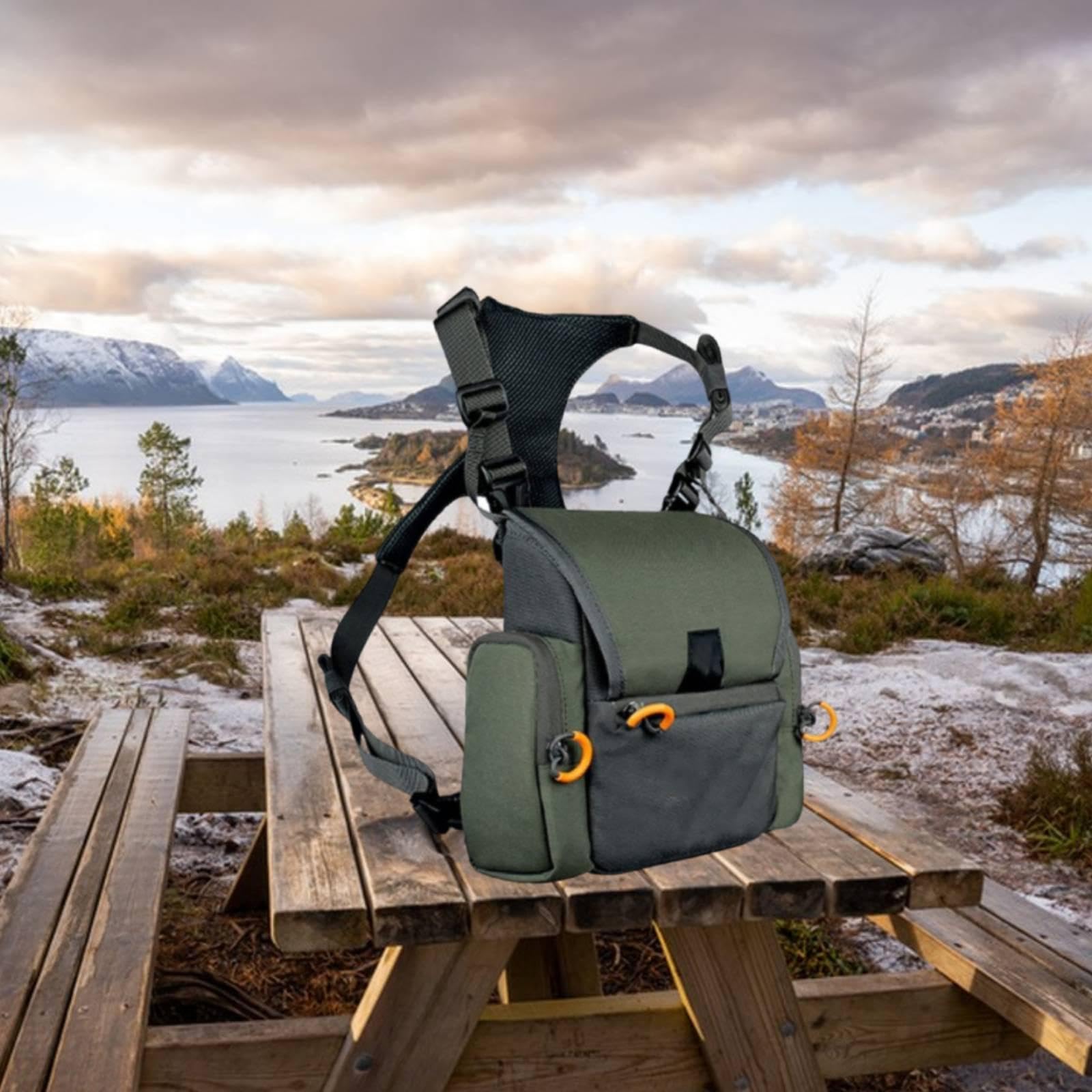Fernglas-Tragegurt mit Brusttasche, Schutz, leicht zu tragen, strapazierfähig, mit Regenschutz, praktisch, aus Oxford-Gewebe, Fernglas-Tragetasche, GrÜn