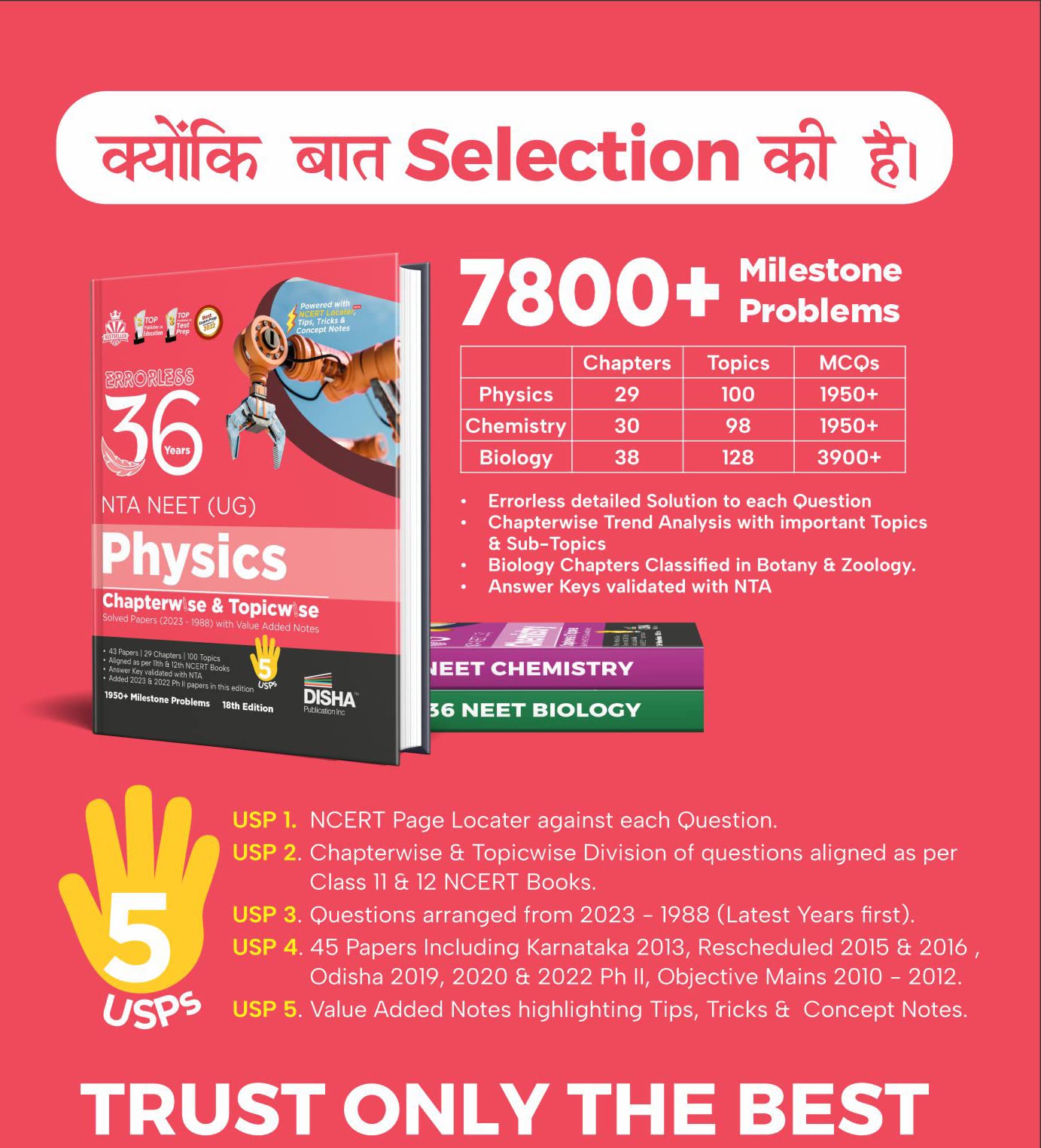 Errorless 36 Previous Years NTA NEET (UG) Physics, Chemistry & Biology Chapter-wise & Topic-wise Solved Papers with Value Added Notes (2023 - 1988) 18th Edition | PYQs Question Bank | 1