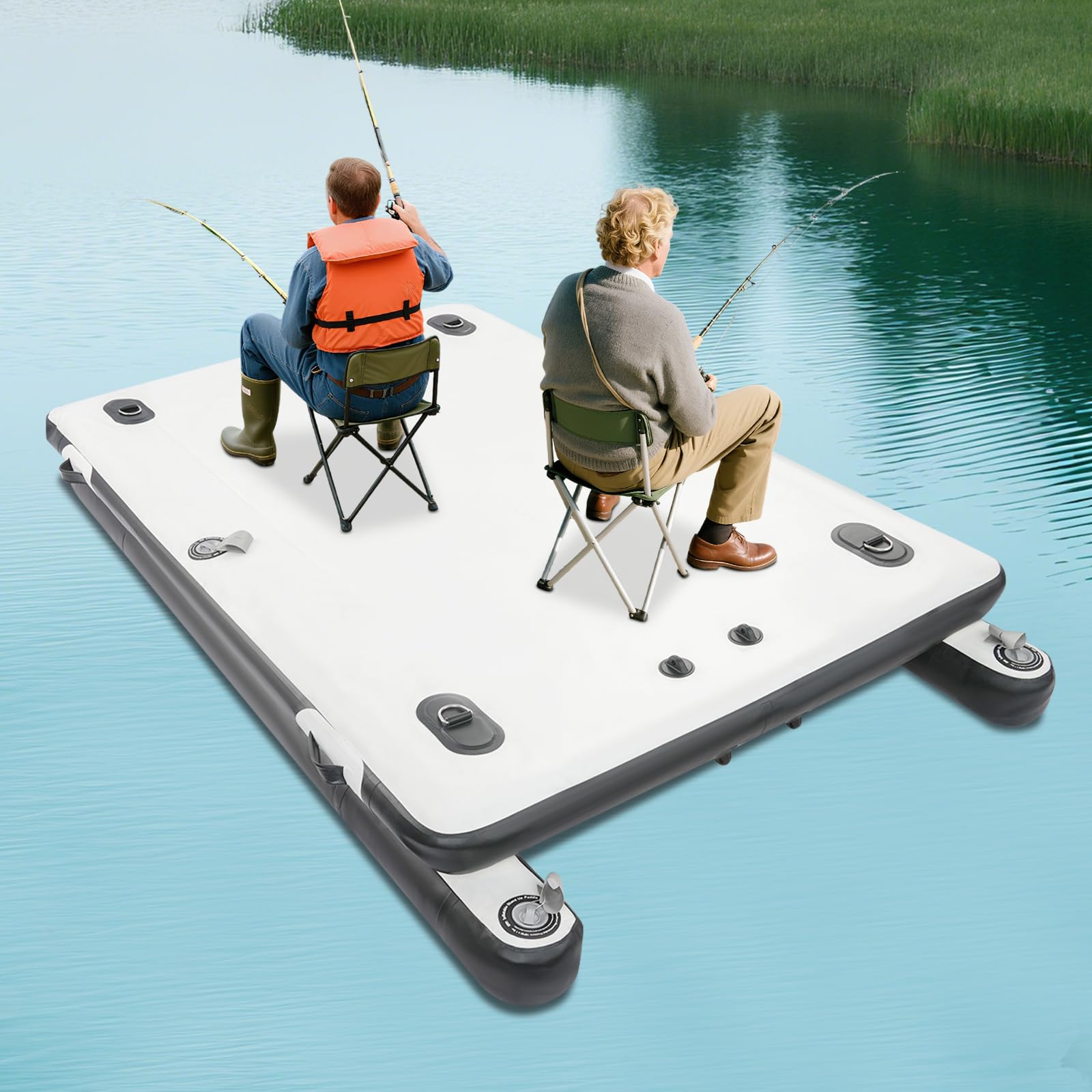 Piattaforma galleggiante gonfiabile, portata 400 kg, barca da pesca gonfiabile, con pompa ad aria a doppia azione, con fuoribordo per pesca, lago, piscina (250 x 160 x 15 cm)