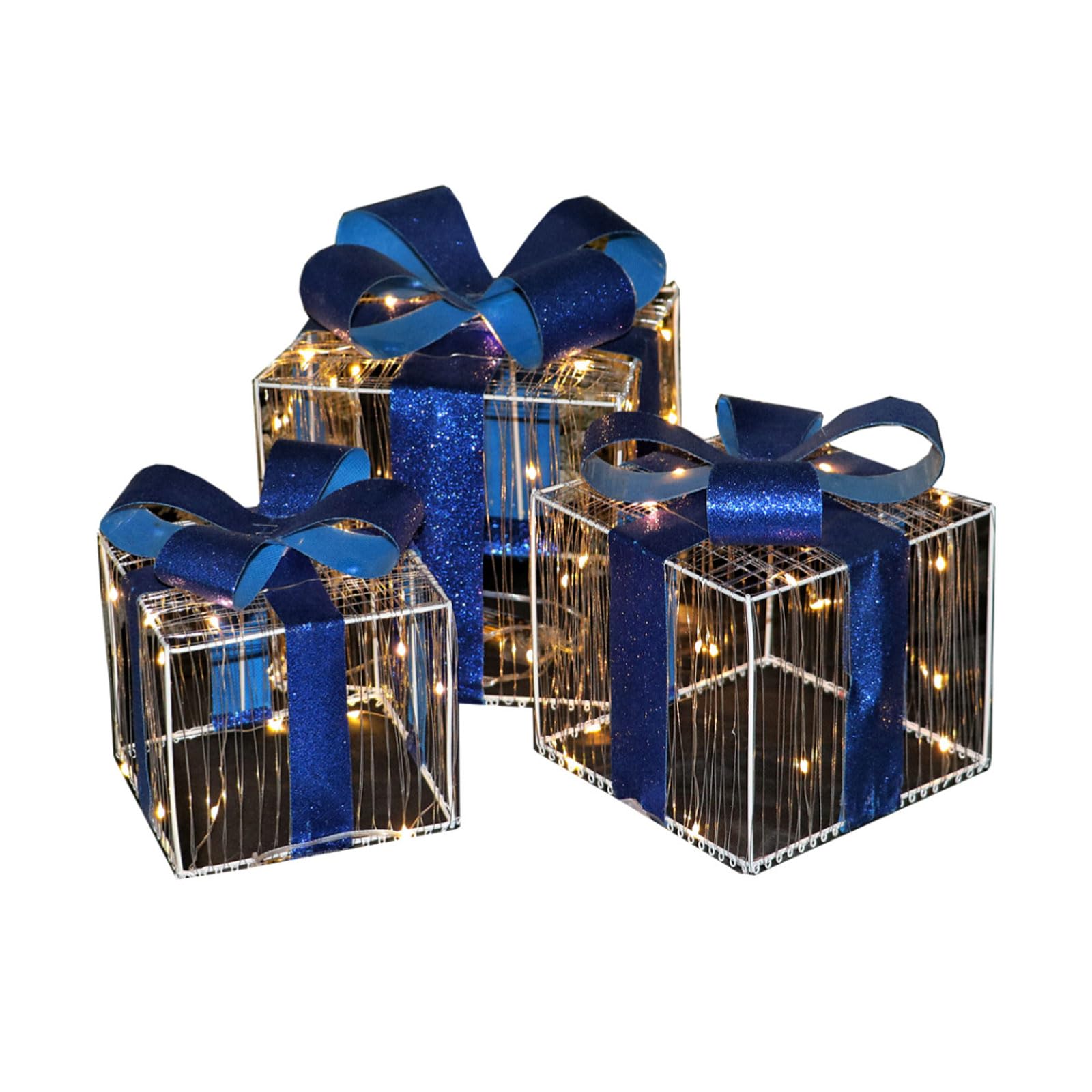 ozdoby świąteczne, Zestaw 3 pudełek prezentowych z lampkami świątecznymi w kolorze niebieskim, 14-19 cm, diodami LED (pudełko prezentowe)((Without Light) Gift Box)