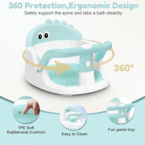 Miniatura 4 de Asiento de baño para bebés de 6 meses en adelante sentados, silla de baño antideslizante con ventosa, seguro y cómodo asiento de baño infantil Verde