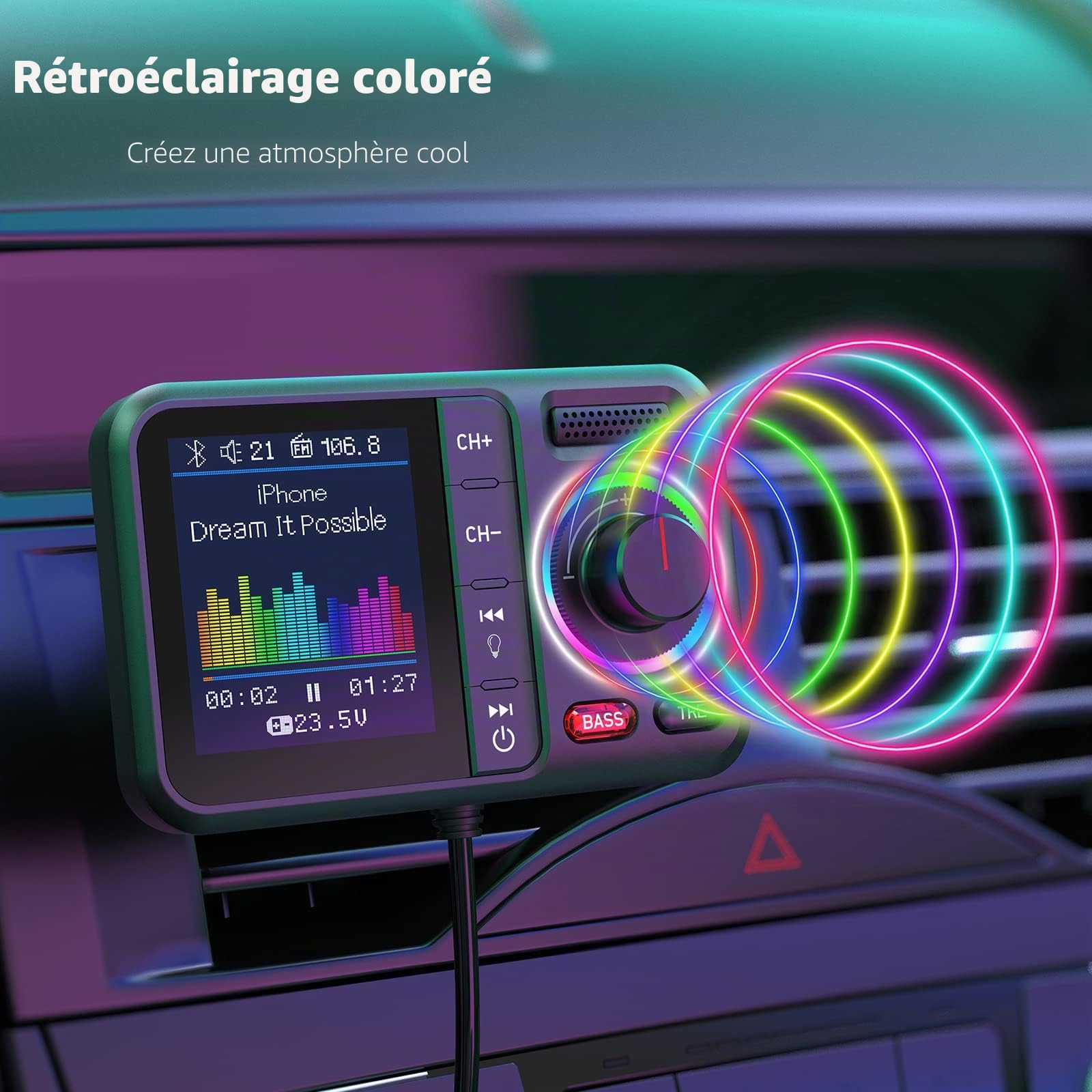 Nulaxy Transmetteur FM Bluetooth pour Voiture, BT5.0 avec Grand écran Couleur, Prise en Charge des Appels Mains Libres, Siri&Google, Lecteur de Musique MP3 Bass&TRE Booster, Carte TF/AUX-KM28 Vert